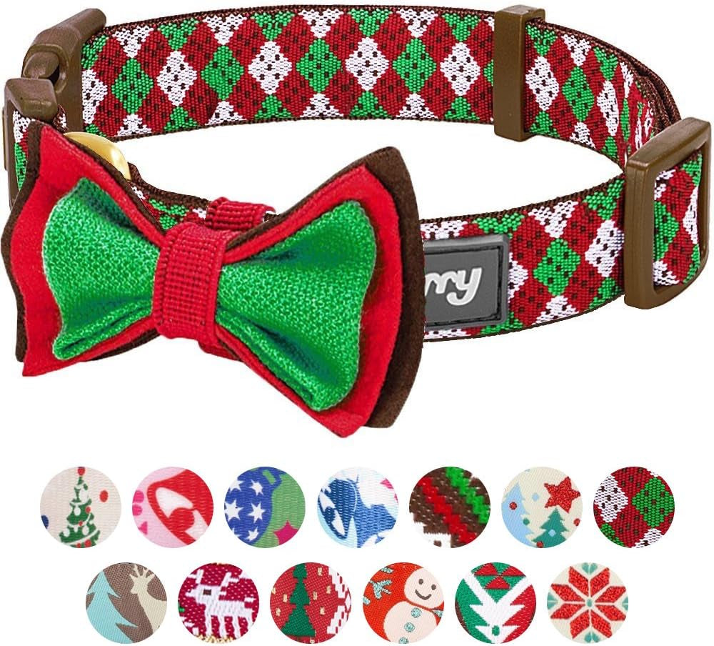 4 Patterns Christmas Party Fair Isle Style Adjustable Dog Collar with Detachable Bow Tie, Small, Neck 12"-16"