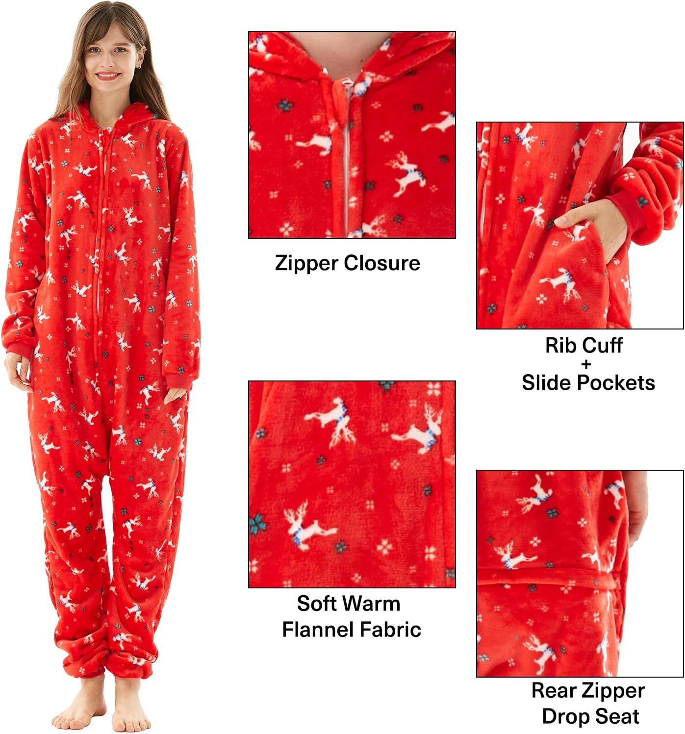 Family Christmas Pajamas Set for Women, Drop Seat Hooded Zip up Cozy Ladies Onesie Pajamas Outfit Red Elk Small