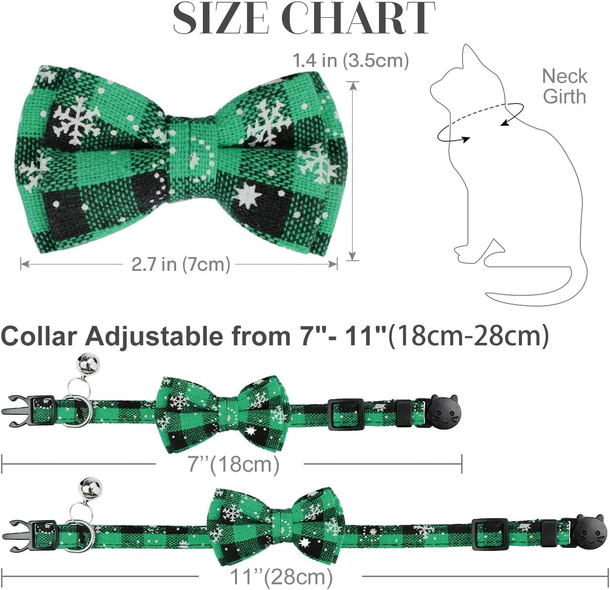 Christmas Plaid Pattern Cat Collars Breakaway with Removable Bell & Bowtie, Christmas Green