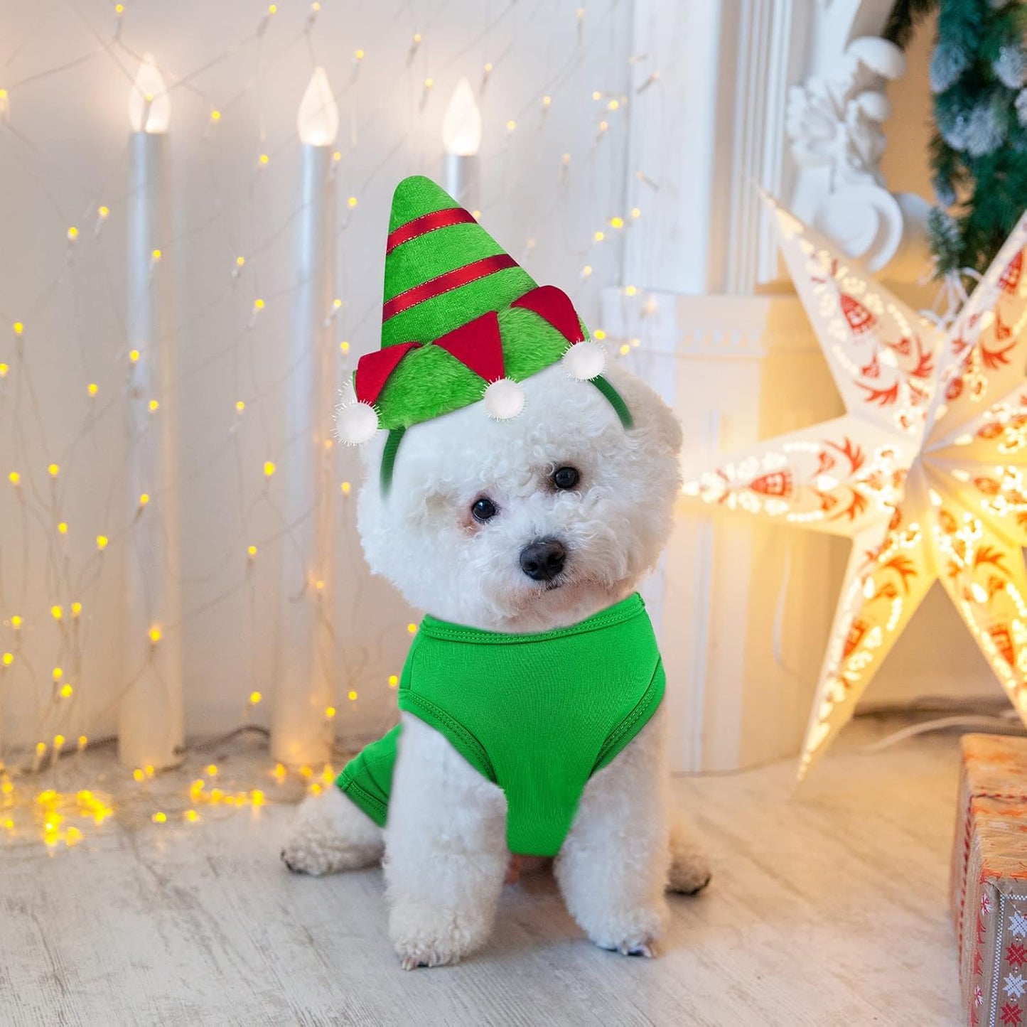 2 Pack Christmas Sleeveless Dog Shirts with Christmas Dog Headbands Pet Clothes Elf and Santa Costume Set for Christmas Holiday Dog Cat Cosplay Apparel (Large)