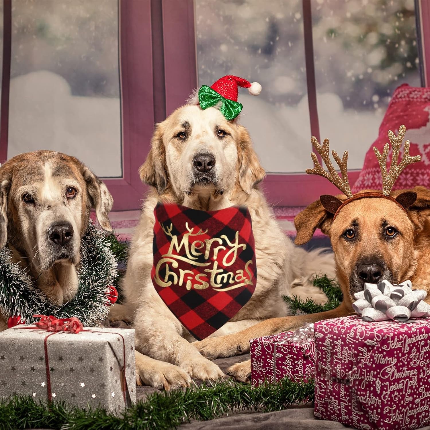 Dog Christmas Bandana for Dogs(2 Pack),Classic Buffalo Plaid with Golden Merry Christmas Pattern Dog Bandanas for Small Medium Large Dogs Accessories Triangle Dog Christmas Scarf