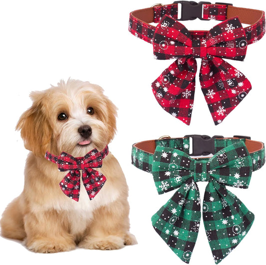 2 Pack Christmas Dog Collar with Bow Tie, Classic Plaid Red Green Dog Collars with Removable Bowtie Christmas Collars for Small Dogs Pets (Small)