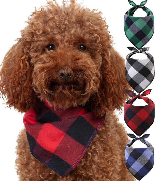 Dog Bandana 4 Pack - Dog Bandanas Boy, Girl, Premium Durable Soft Lightweight Fabric, Buffalo Plaid Scarf for Small Dogs, Cats Pets, Black and White, Red, Green, Blue, Small