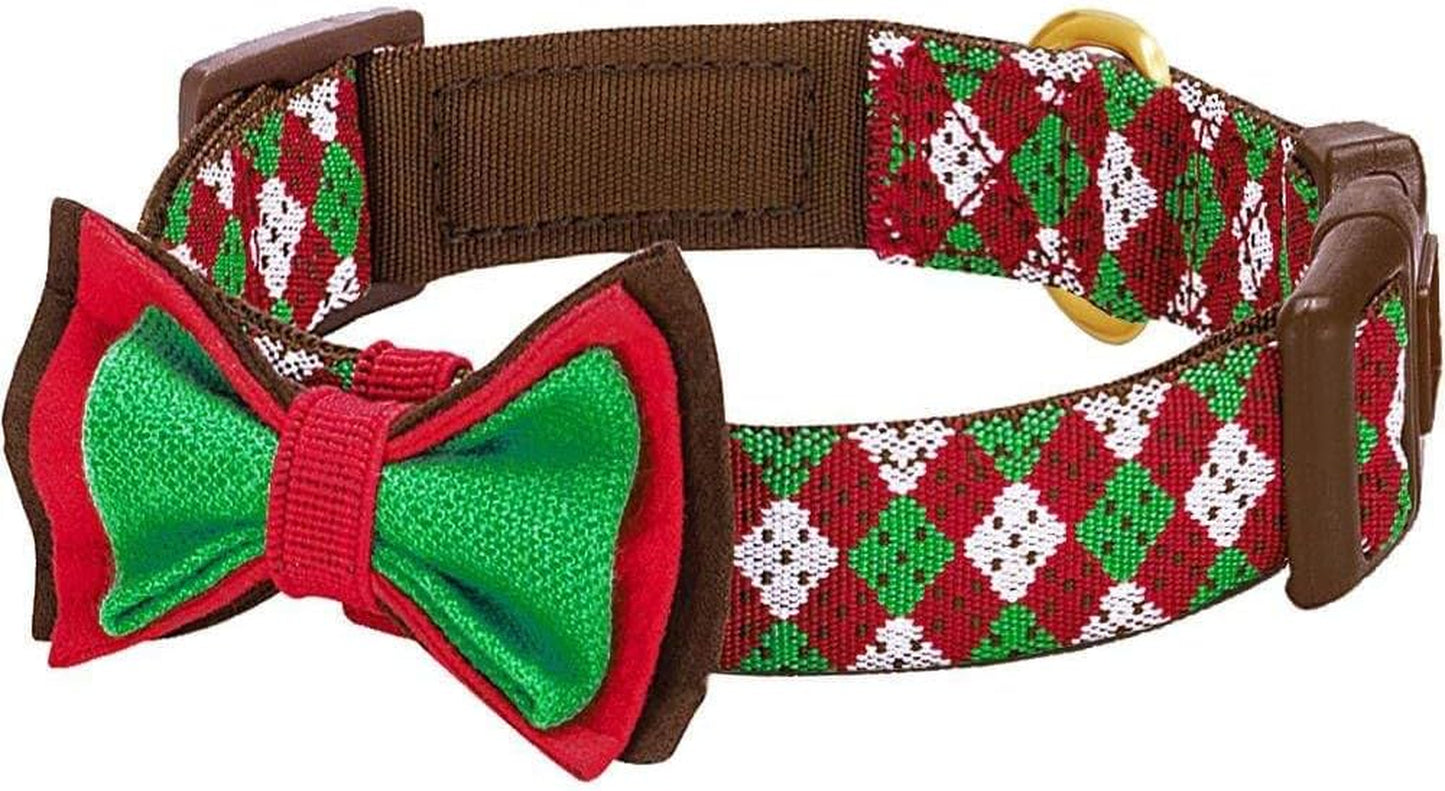 4 Patterns Christmas Party Fair Isle Style Adjustable Dog Collar with Detachable Bow Tie, Small, Neck 12"-16"