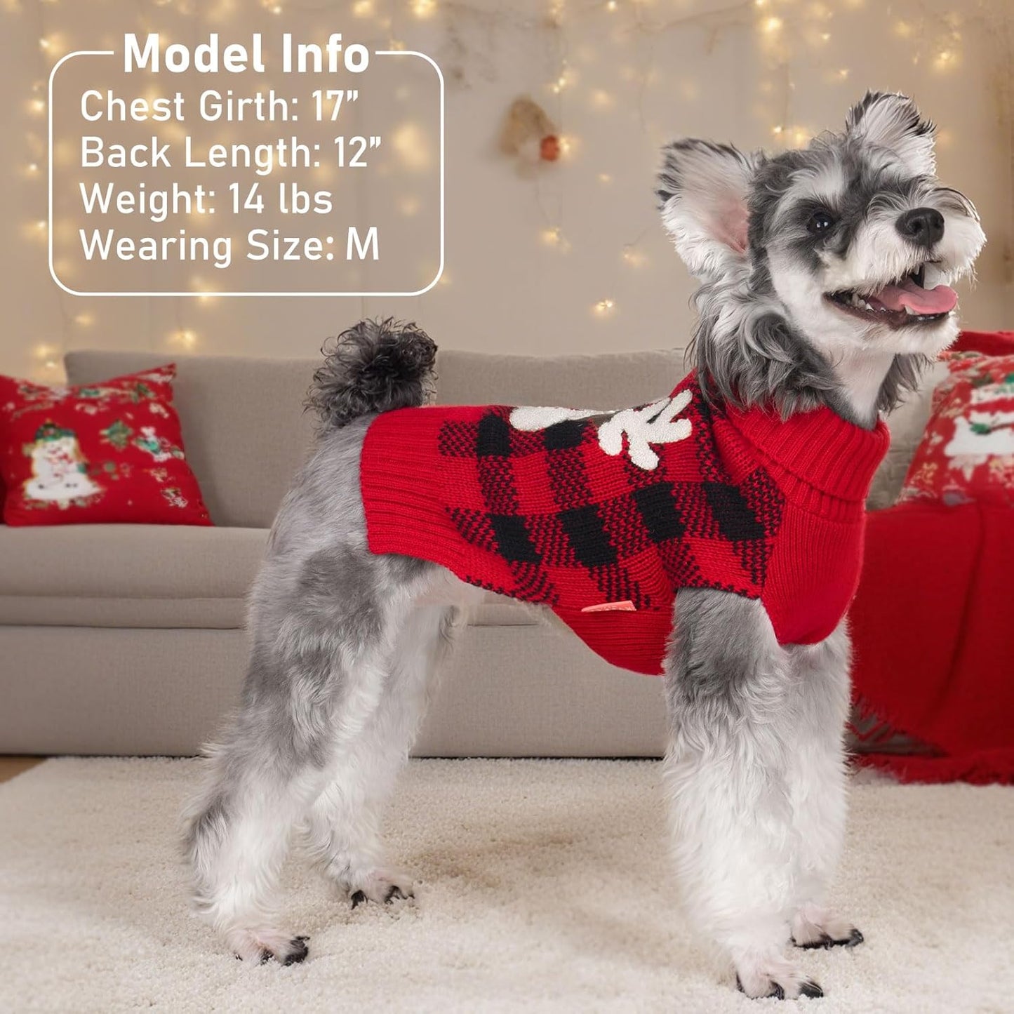 Dog Christmas Sweater with Reindeer Pattern Cozy Winter Outfit Boy Girl Red Buffalo Plaid Knitwear Turtleneck Dog Sweater for Small Dogs with Leash Hole Soft Warm Pet Clothes, Small