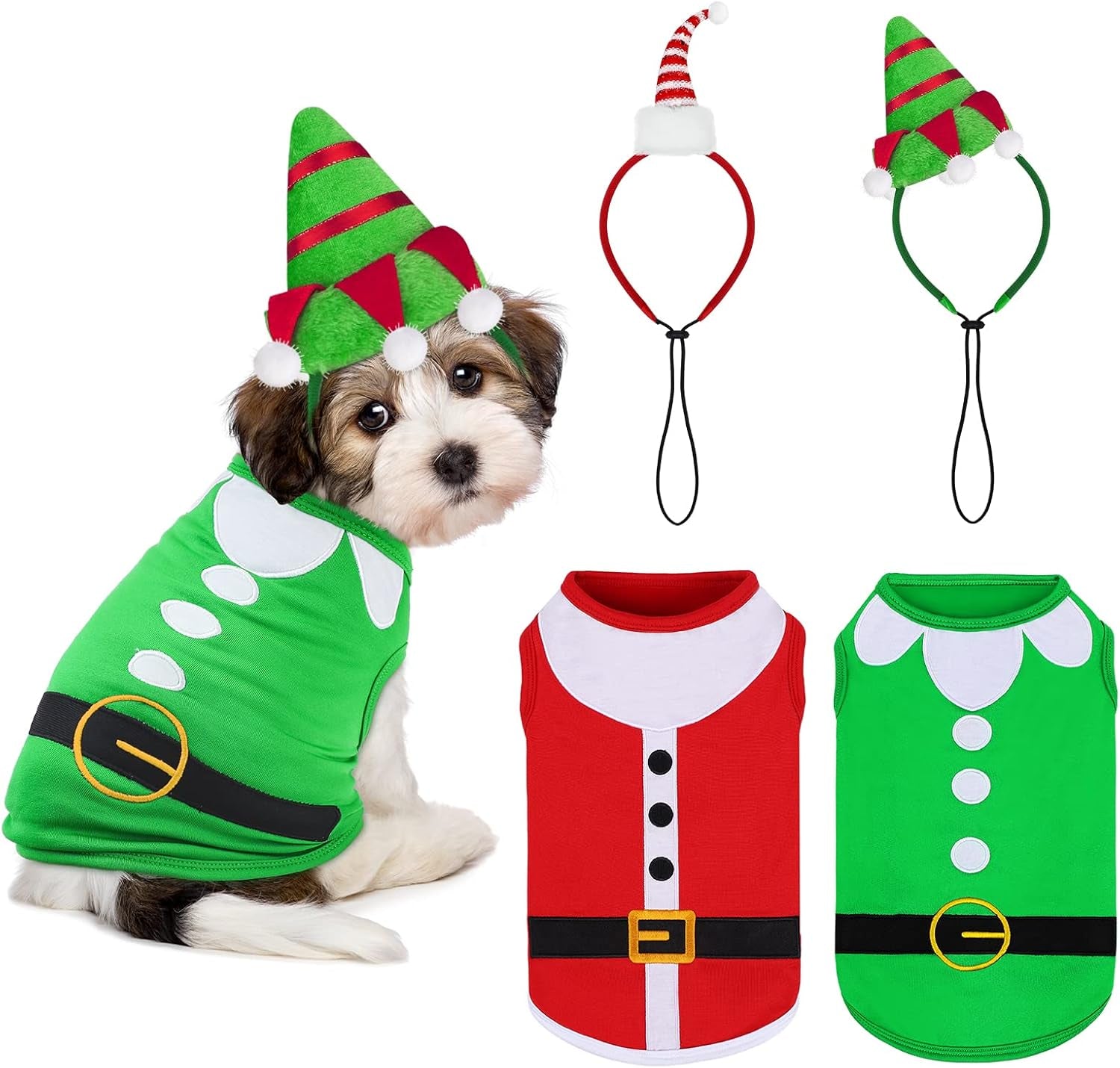 2 Pack Christmas Sleeveless Dog Shirts with Christmas Dog Headbands Pet Clothes Elf and Santa Costume Set for Christmas Holiday Dog Cat Cosplay Apparel (Large)