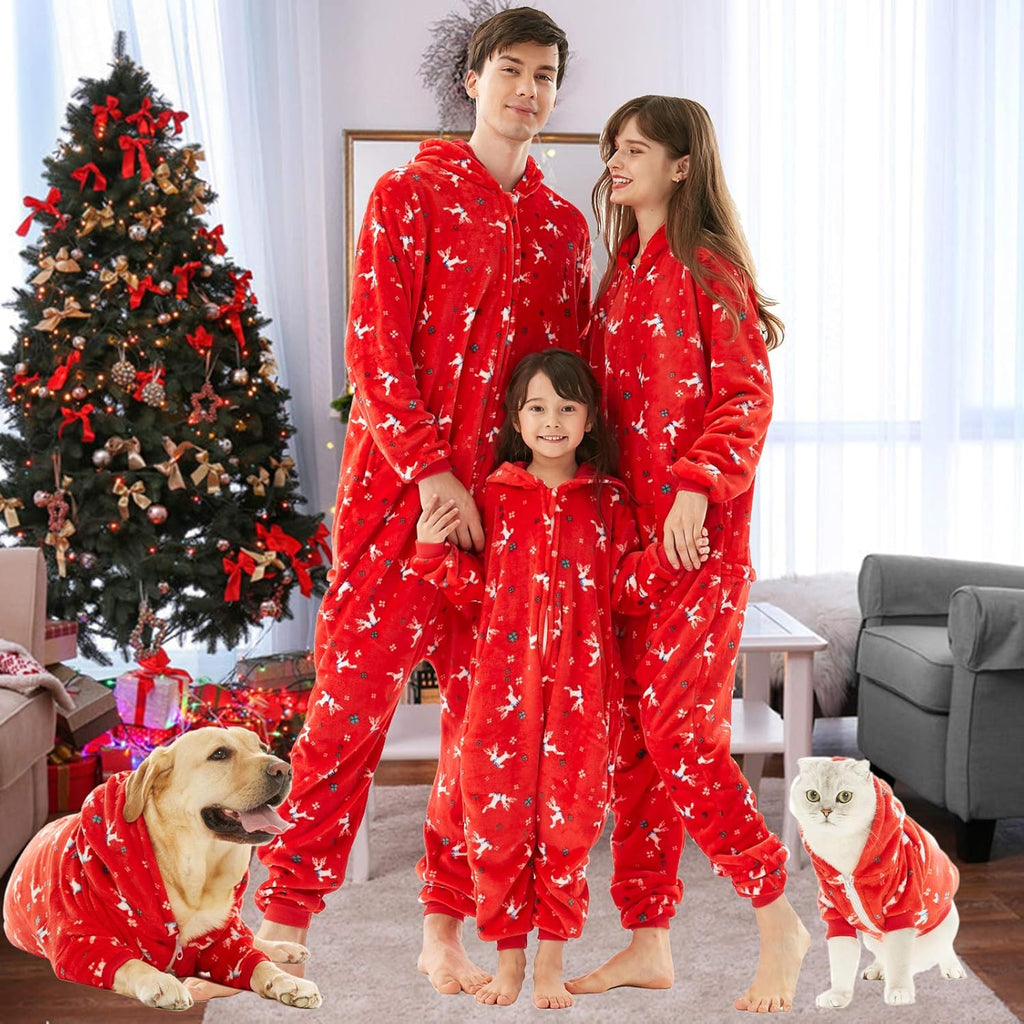 Family Christmas Pajamas Set for Women, Drop Seat Hooded Zip up Cozy Ladies Onesie Pajamas Outfit Red Elk Small