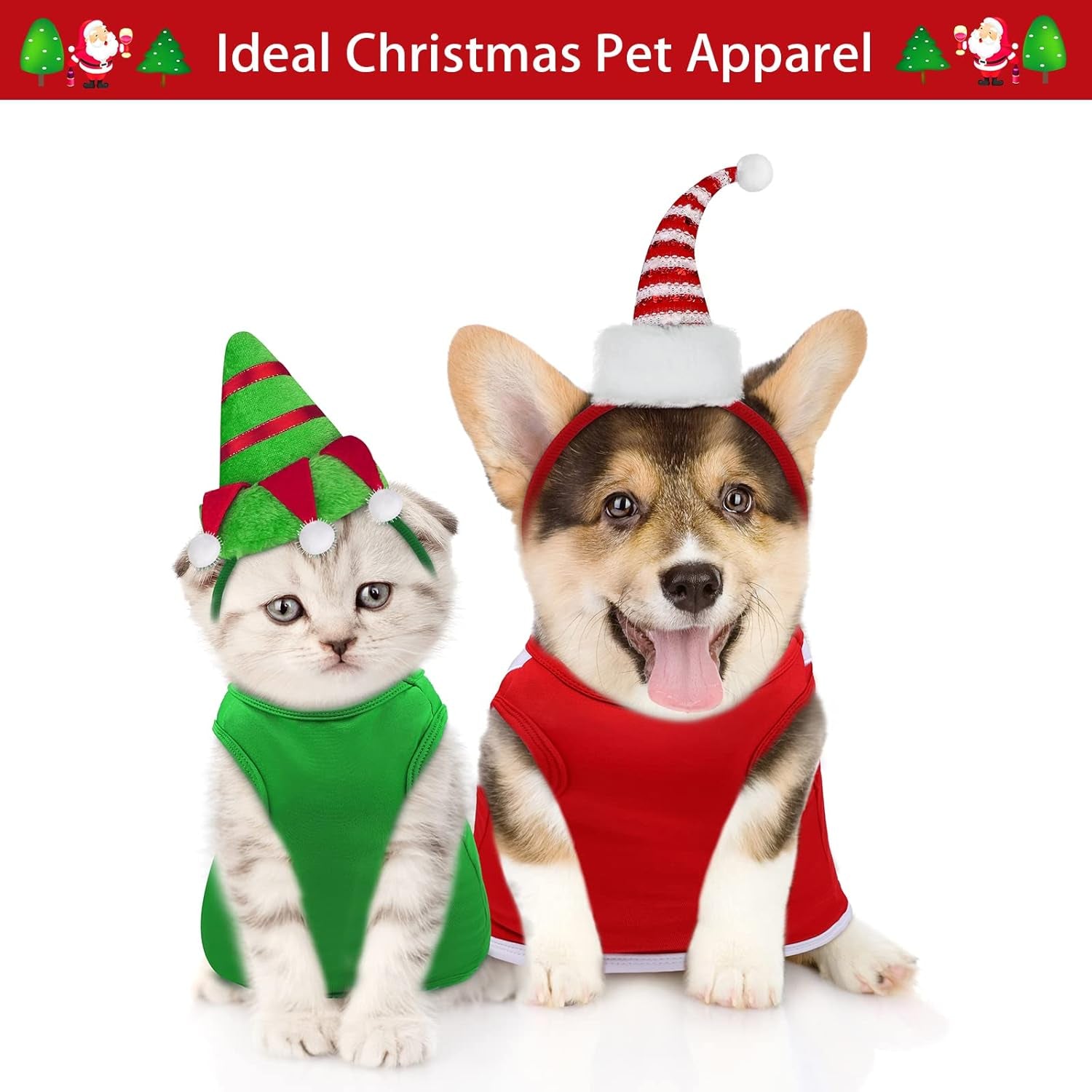 2 Pack Christmas Sleeveless Dog Shirts with Christmas Dog Headbands Pet Clothes Elf and Santa Costume Set for Christmas Holiday Dog Cat Cosplay Apparel (Large)