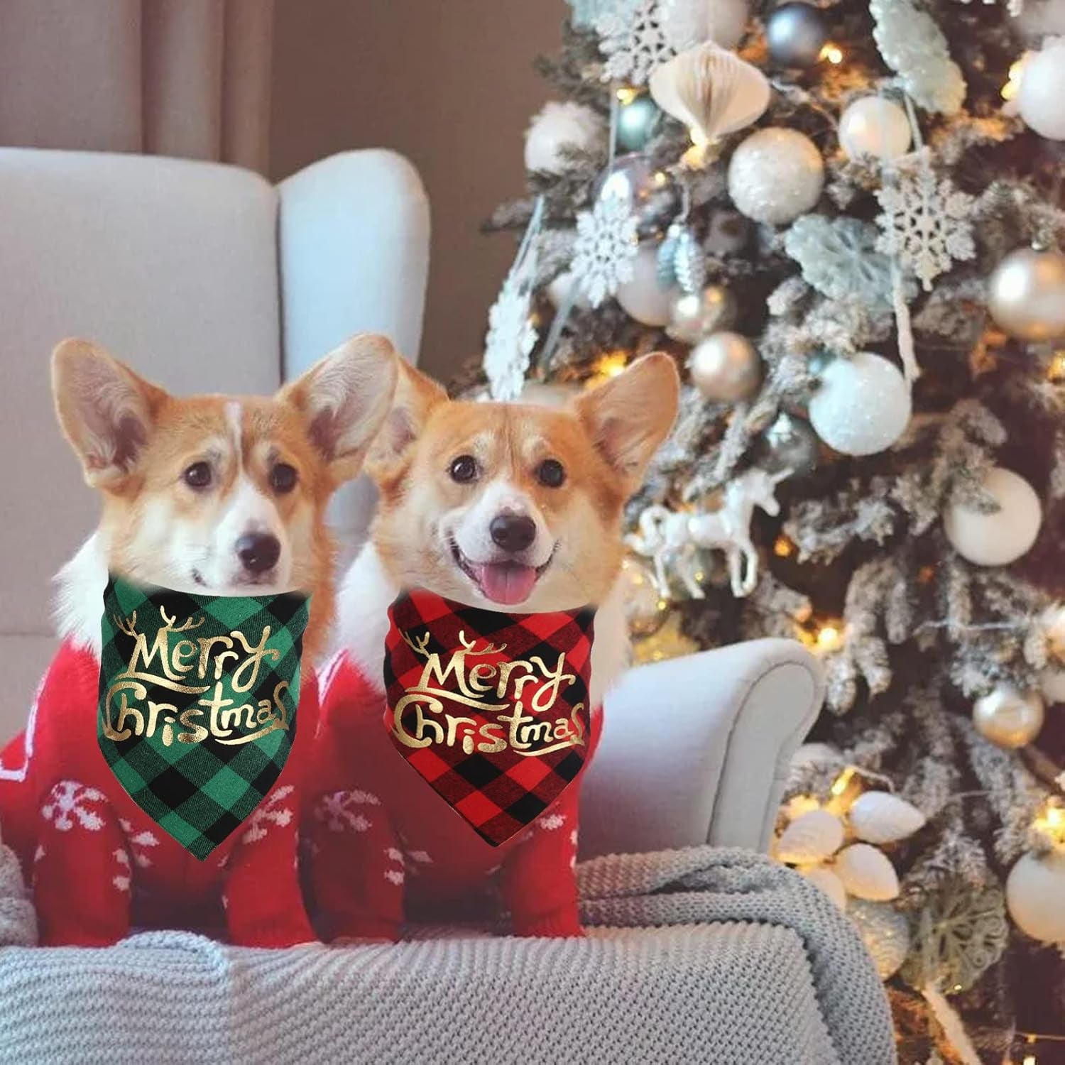 Dog Christmas Bandana for Dogs(2 Pack),Classic Buffalo Plaid with Golden Merry Christmas Pattern Dog Bandanas for Small Medium Large Dogs Accessories Triangle Dog Christmas Scarf