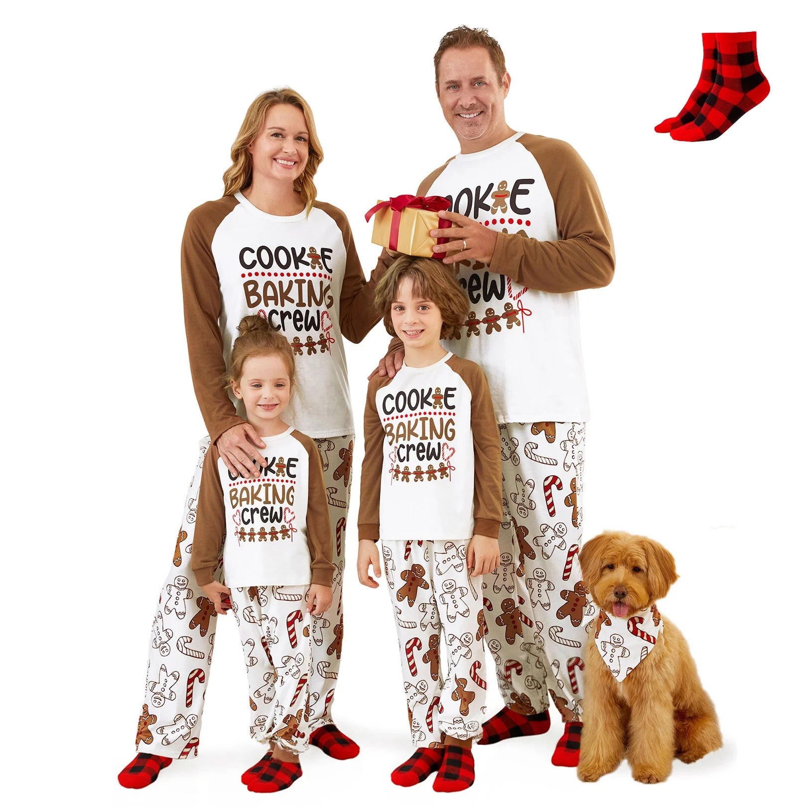 Christmas Pajamas Family Matching Women 2 Piece Pjs Sets Long Sleeve Cute Gingerbread Man Prints Top & Pants Sleepwear with Holiday Socks, Khaki, XXL