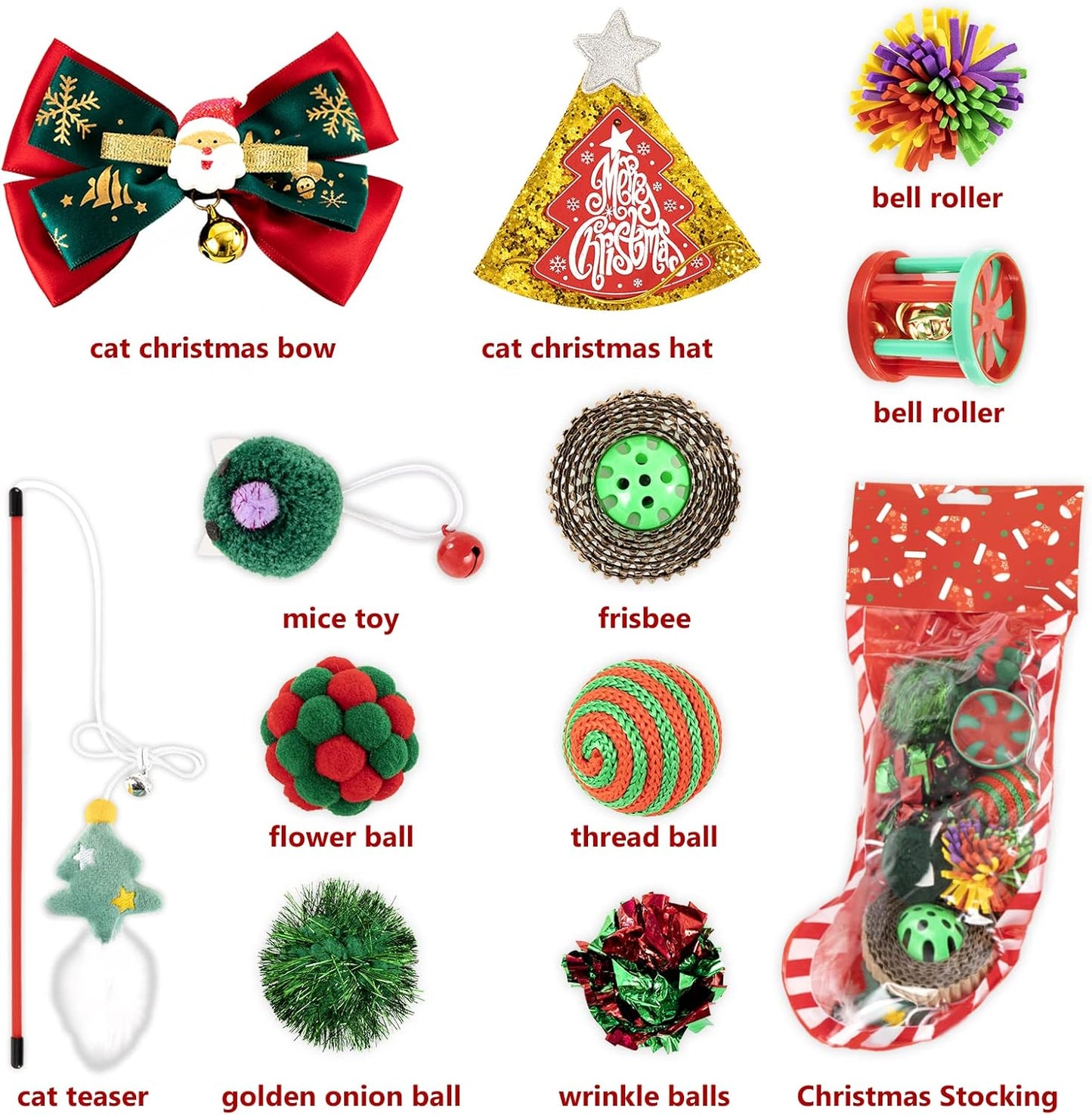 Christmas Cat Toys Stocking - 11 PCS Pet Cat Assorted Toys for Kitten with Cat Teaser, Crinkle Ball, Mice, Furry Ball and Bell Ball