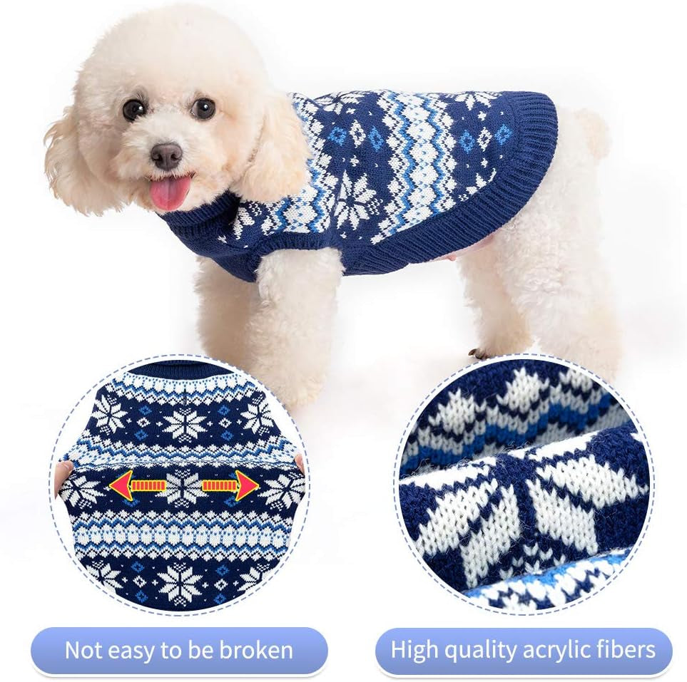 Cable Knit Dog Sweater Turtleneck, Cold Weather Pullover Classic Knitwear, Snowflake Pattern Thick Warm Winter Pet Clothes, Dog Christmas Sweater for Small Medium Large Dogs Cats,Navy Blue SM