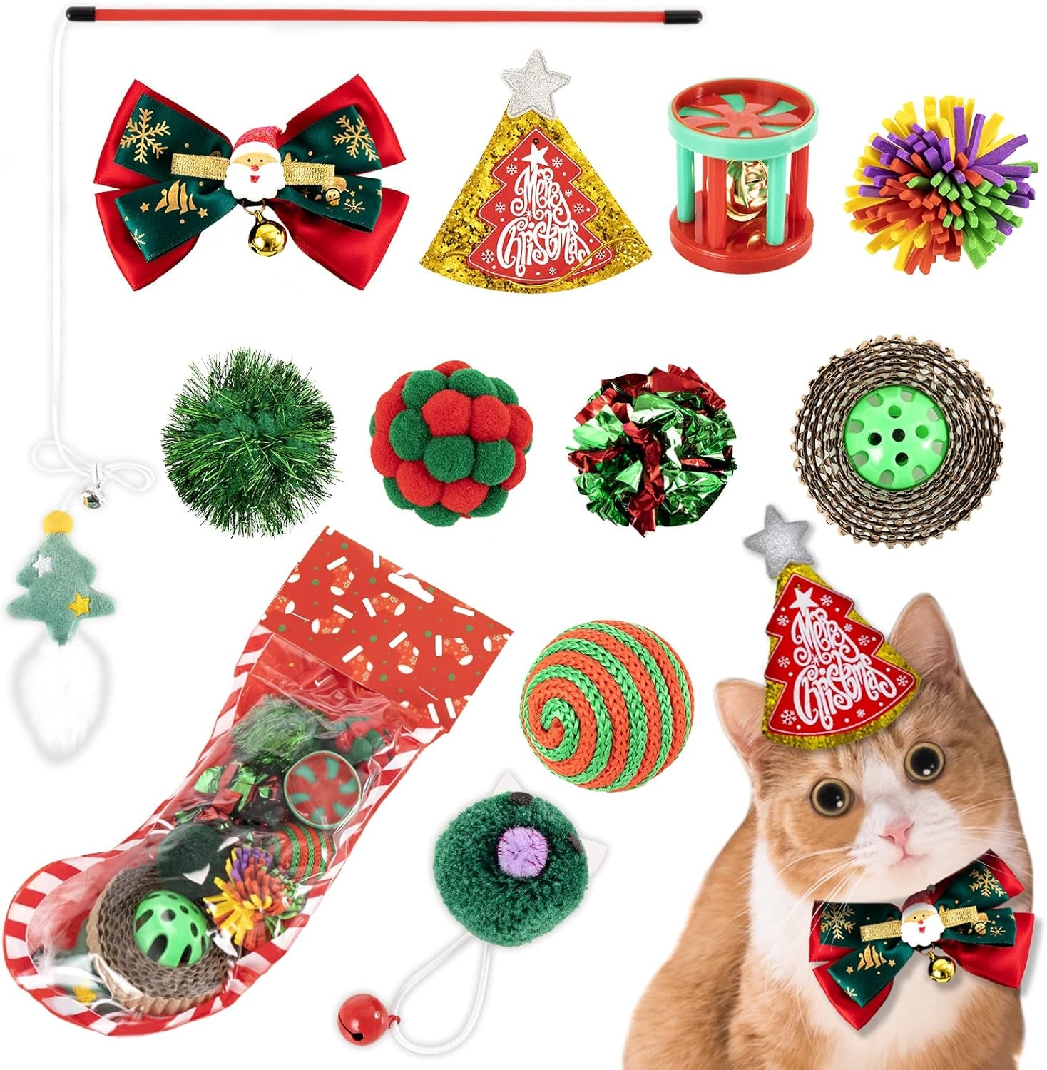 Christmas Cat Toys Stocking - 11 PCS Pet Cat Assorted Toys for Kitten with Cat Teaser, Crinkle Ball, Mice, Furry Ball and Bell Ball