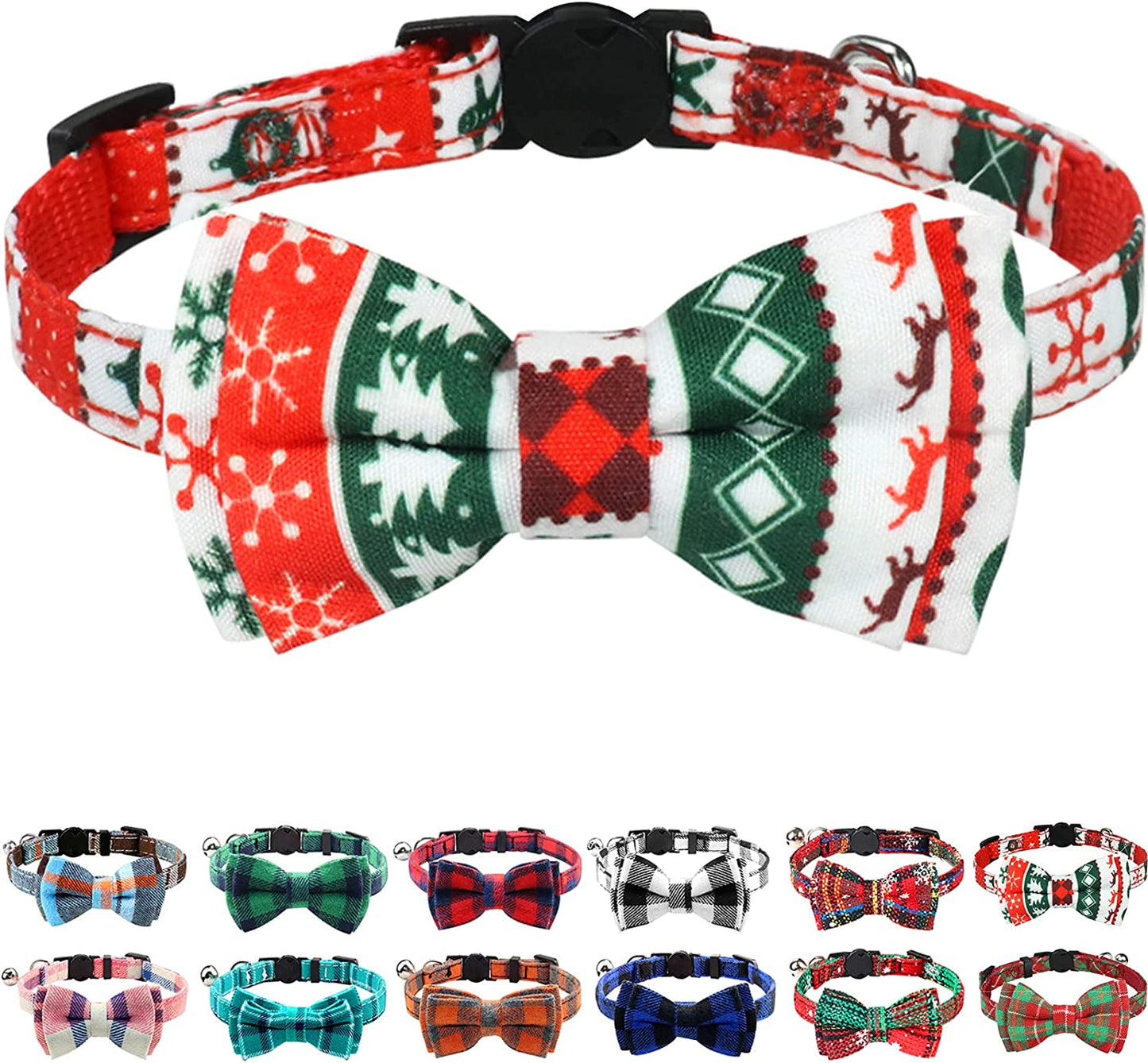 Upgraded Christmas Cat Collar with Bells, Breakaway Cat Collars with Bow Tie, 1 Pack Girl Boy Safety Plaid Kitten Collars, Christmas