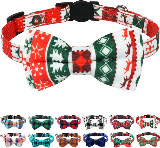 Upgraded Christmas Cat Collar with Bells, Breakaway Cat Collars with Bow Tie, 1 Pack Girl Boy Safety Plaid Kitten Collars, Christmas