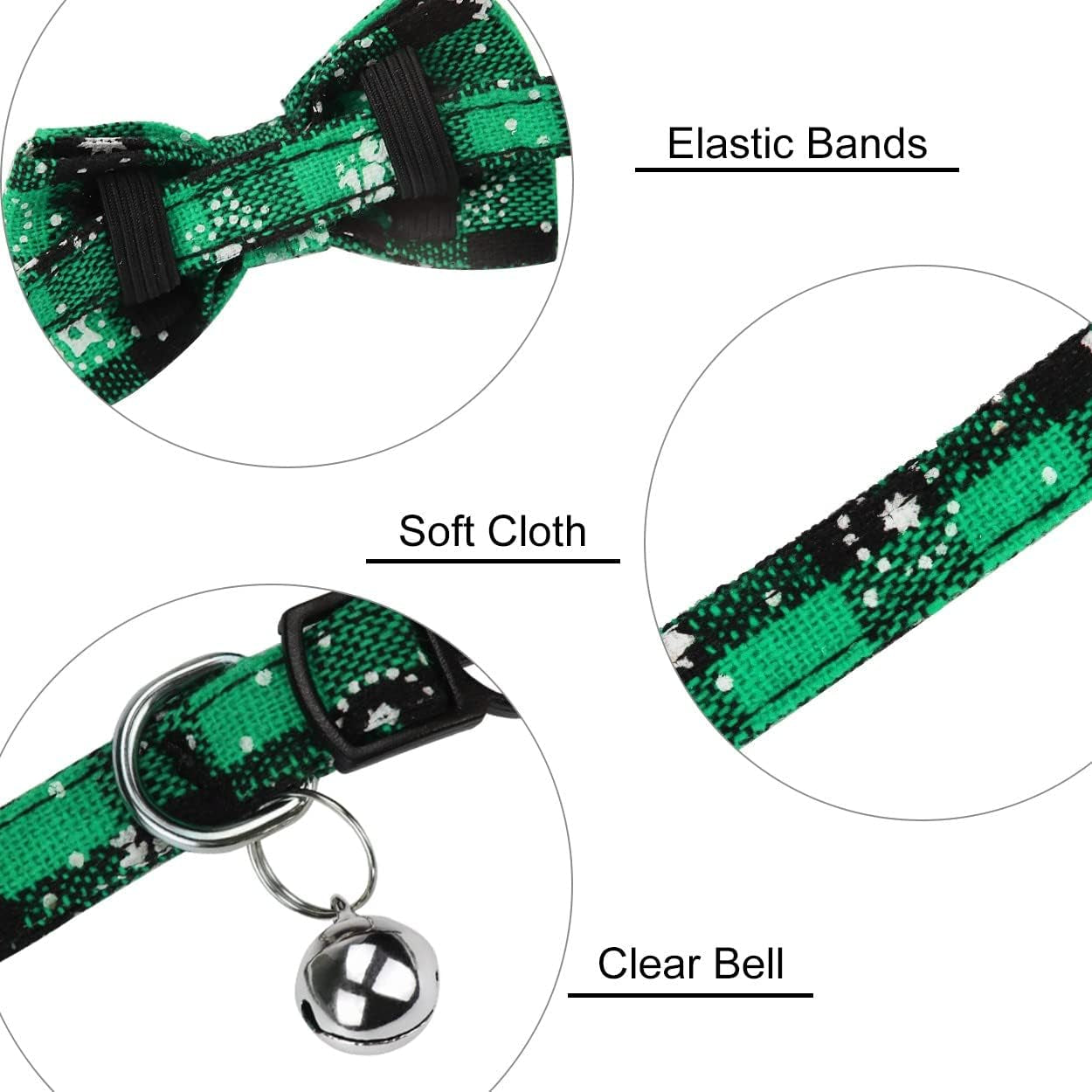 Christmas Plaid Pattern Cat Collars Breakaway with Removable Bell & Bowtie, Christmas Green