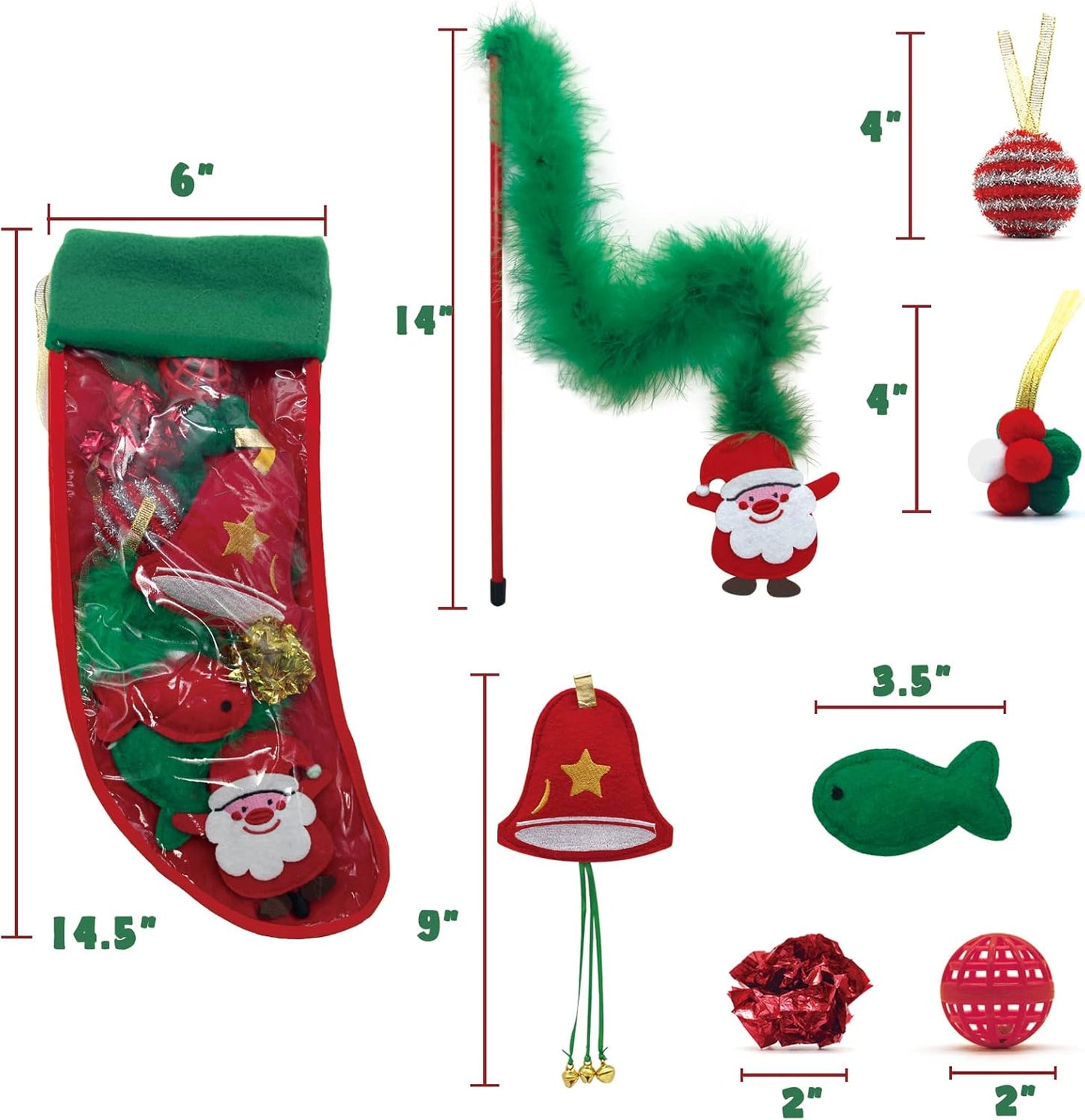 Cat Christmas Stocking, 10 Pack for Cats, Cat Christmas Toys with Cat Wand Toy, Catnip Toys, Crinkle Balls and Mice for Cat & Kitten