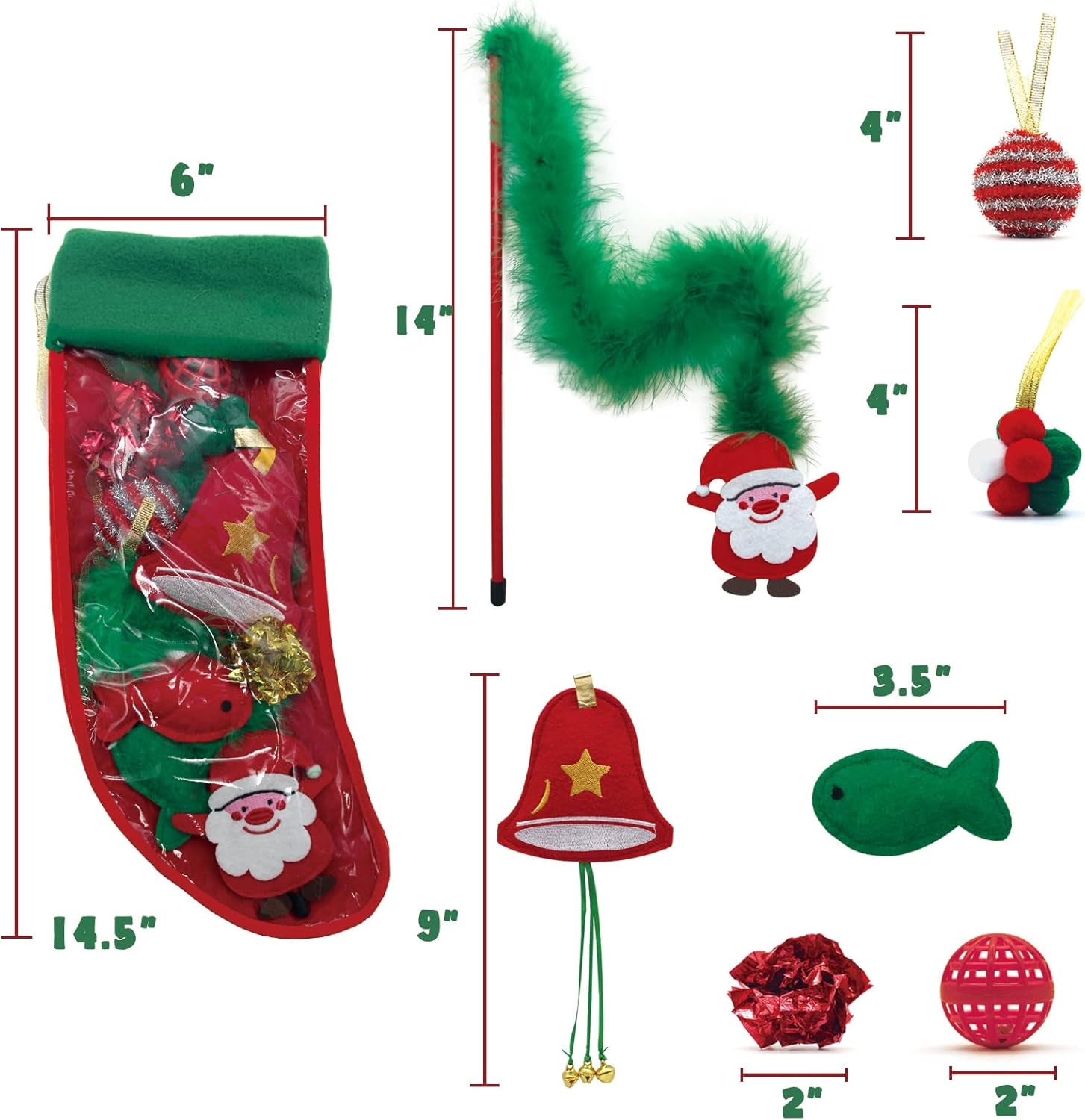 Cat Christmas Stocking, 10 Pack for Cats, Cat Christmas Toys with Cat Wand Toy, Catnip Toys, Crinkle Balls and Mice for Cat & Kitten