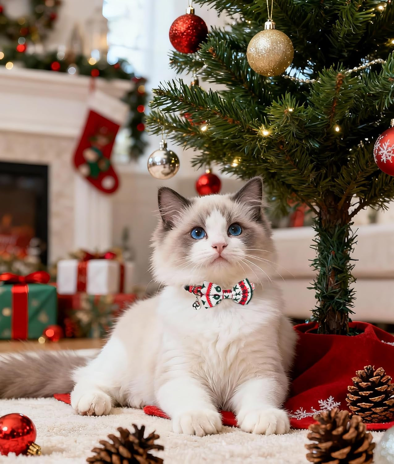 Upgraded Christmas Cat Collar with Bells, Breakaway Cat Collars with Bow Tie, 1 Pack Girl Boy Safety Plaid Kitten Collars, Christmas