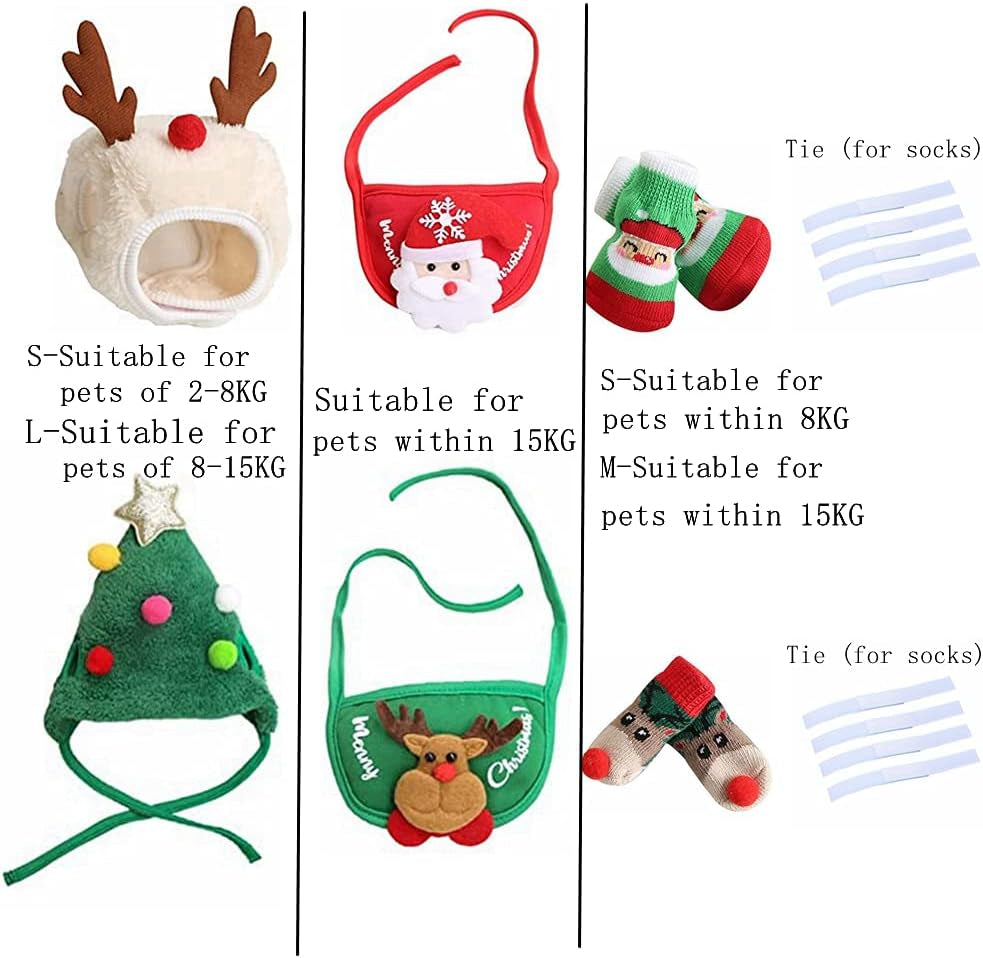 Pet Christmas Costume Outfit Set, 6Pcs Dog Xmas Hat Bandana Socks Set,Pet Christmas Hat Saliva Towel Bib Bow Tie Sock Set for Small Medium Dogs Cats Pets (Green, S: within 2-8Kg)