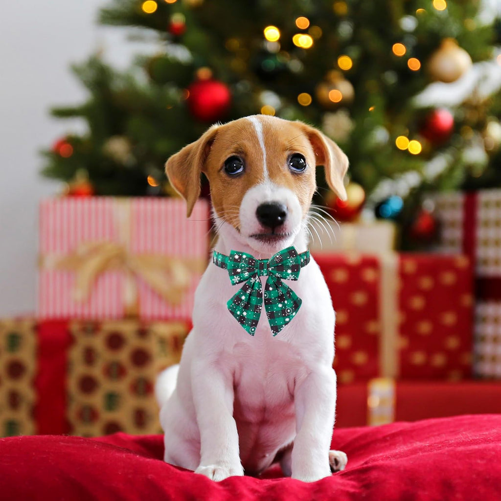 2 Pack Christmas Dog Collar with Bow Tie, Classic Plaid Red Green Dog Collars with Removable Bowtie Christmas Collars for Small Dogs Pets (Small)
