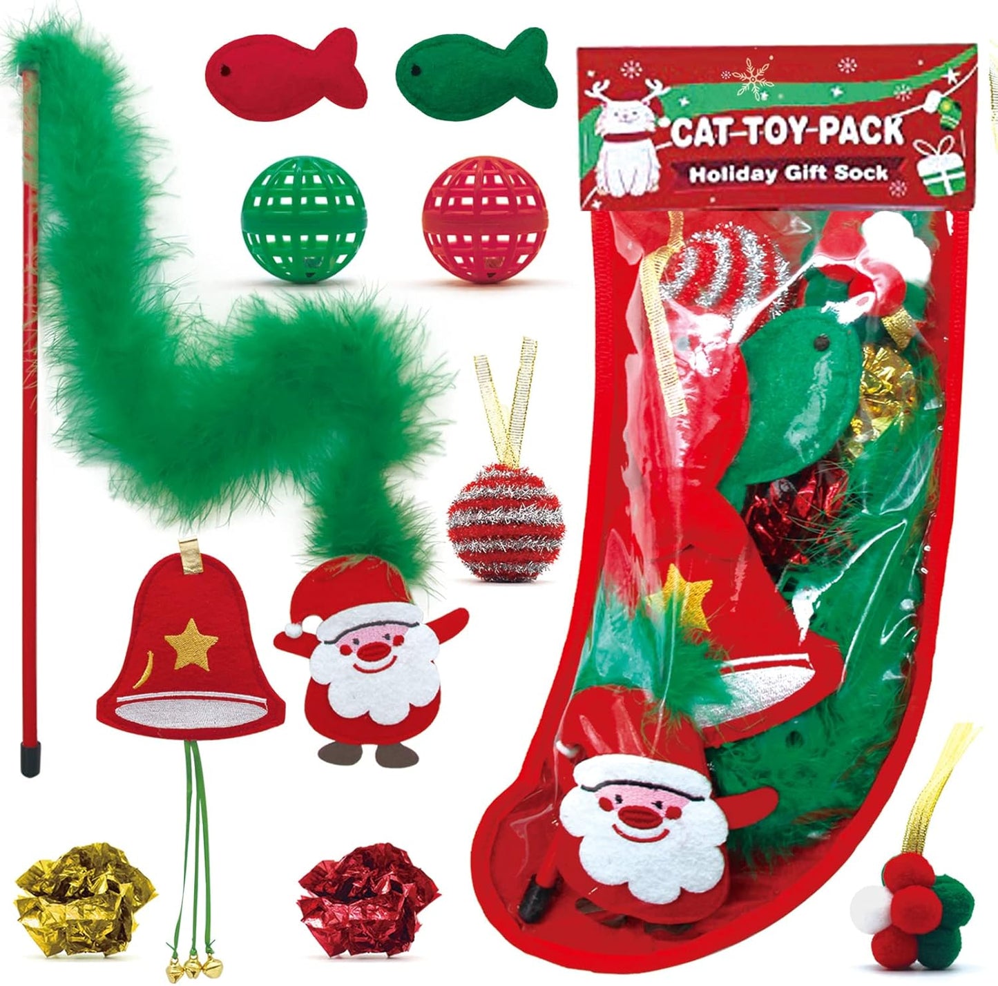 Cat Christmas Stocking, 10 Pack for Cats, Cat Christmas Toys with Cat Wand Toy, Catnip Toys, Crinkle Balls and Mice for Cat & Kitten
