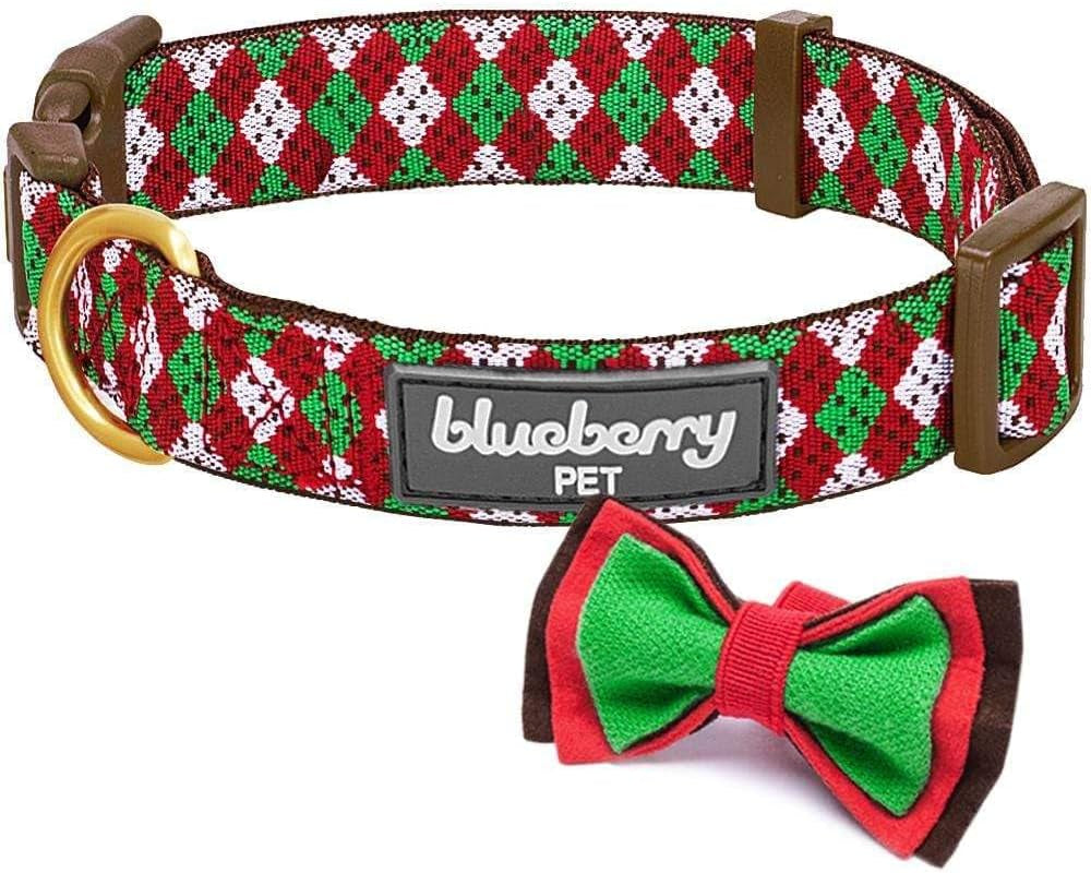 4 Patterns Christmas Party Fair Isle Style Adjustable Dog Collar with Detachable Bow Tie, Small, Neck 12"-16"