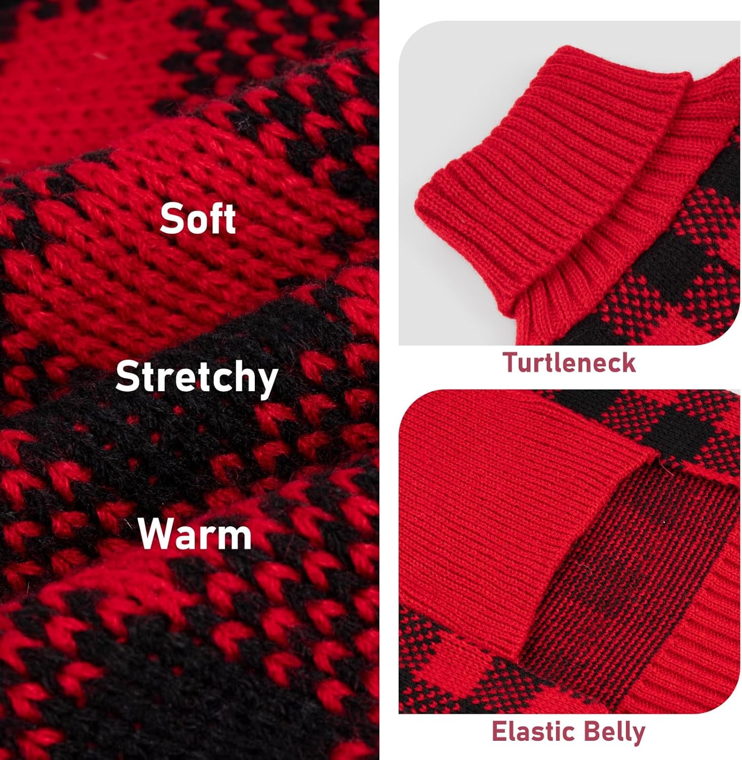Dog Christmas Sweater with Reindeer Pattern Cozy Winter Outfit Boy Girl Red Buffalo Plaid Knitwear Turtleneck Dog Sweater for Small Dogs with Leash Hole Soft Warm Pet Clothes, Small