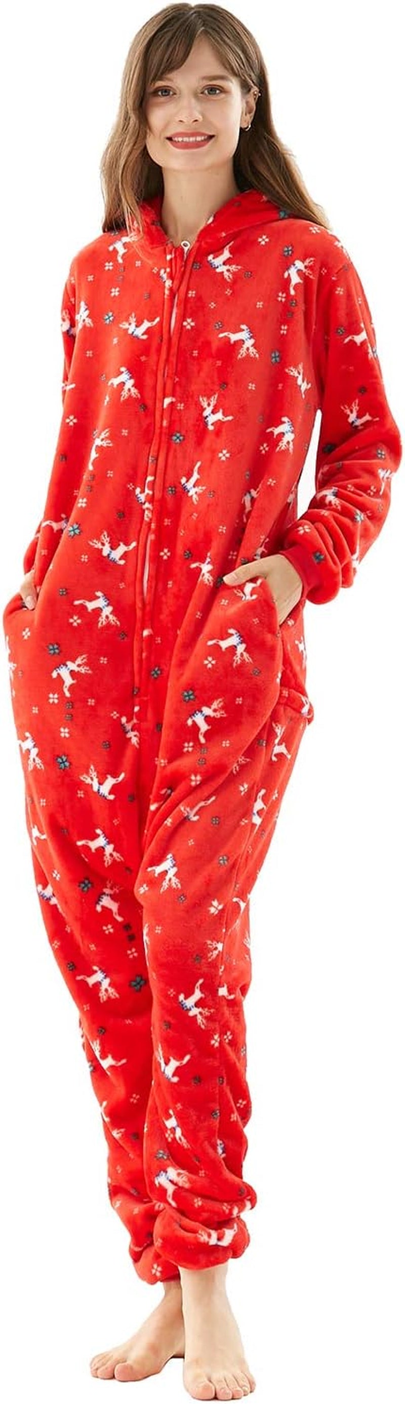 Family Christmas Pajamas Set for Women, Drop Seat Hooded Zip up Cozy Ladies Onesie Pajamas Outfit Red Elk Small