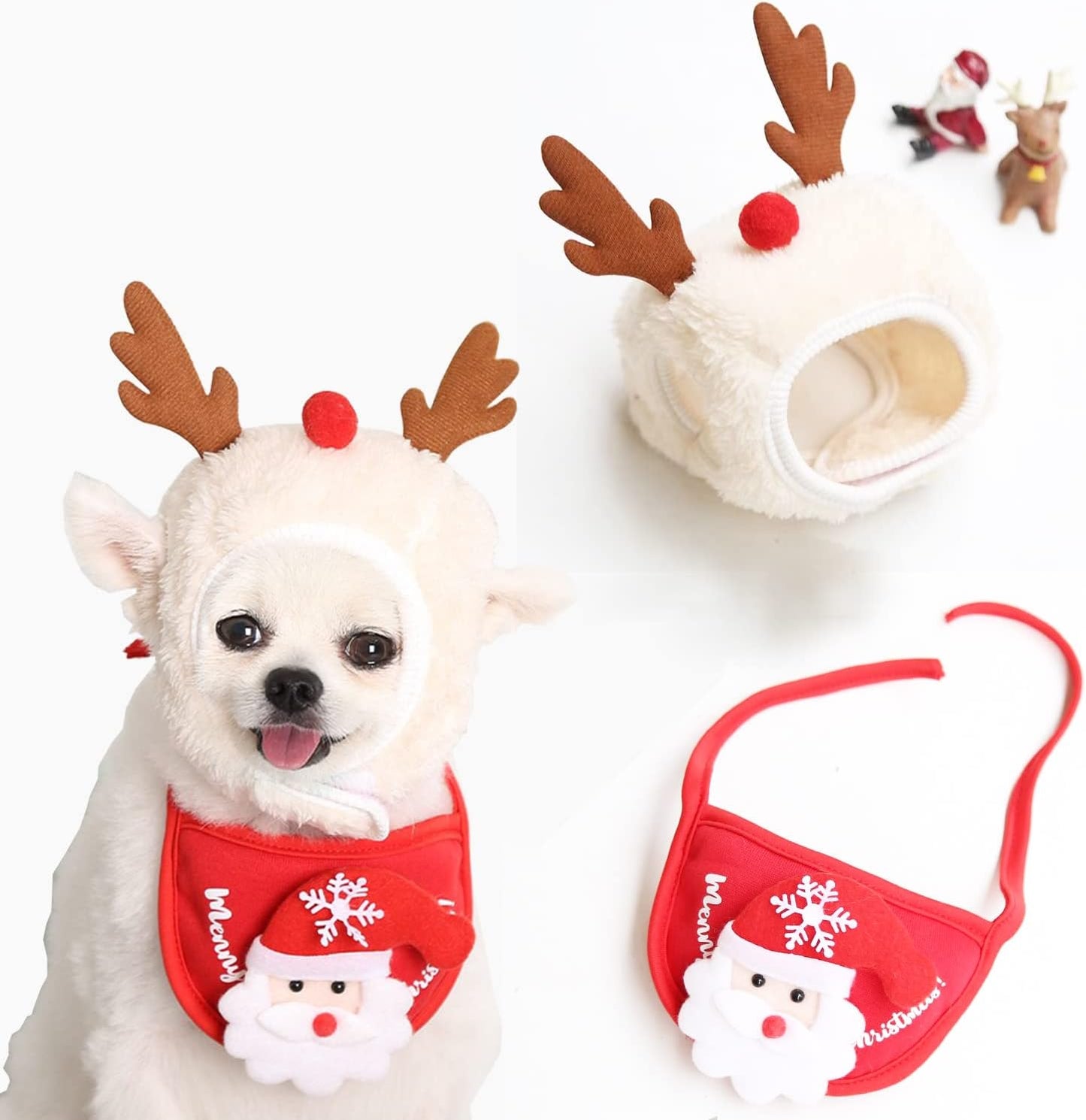 Pet Dog Cat Christmas Costume, Puppy Santa Hat and Bandana, Adjustable Christmas Party Cosplay Dress for Small Medium Dogs Cats (RED)