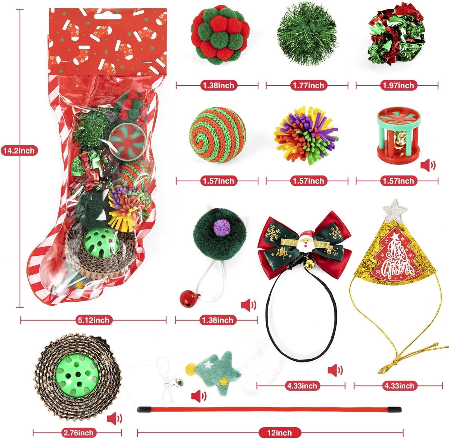 Christmas Cat Toys Stocking - 11 PCS Pet Cat Assorted Toys for Kitten with Cat Teaser, Crinkle Ball, Mice, Furry Ball and Bell Ball