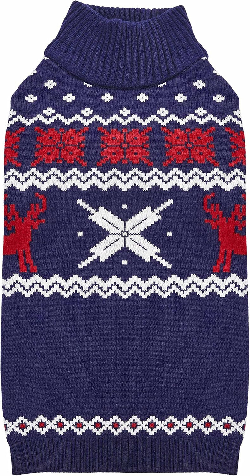 Christmas Reindeer and Snowflake Dog Sweater in Royal Blue, Back Length 18", Pack of 1 Clothes for Dogs