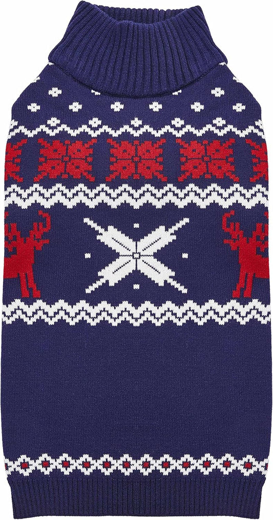 Christmas Reindeer and Snowflake Dog Sweater in Royal Blue, Back Length 18", Pack of 1 Clothes for Dogs