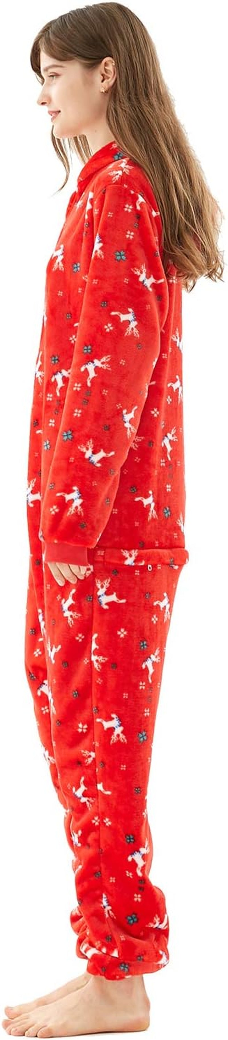 Family Christmas Pajamas Set for Women, Drop Seat Hooded Zip up Cozy Ladies Onesie Pajamas Outfit Red Elk Small