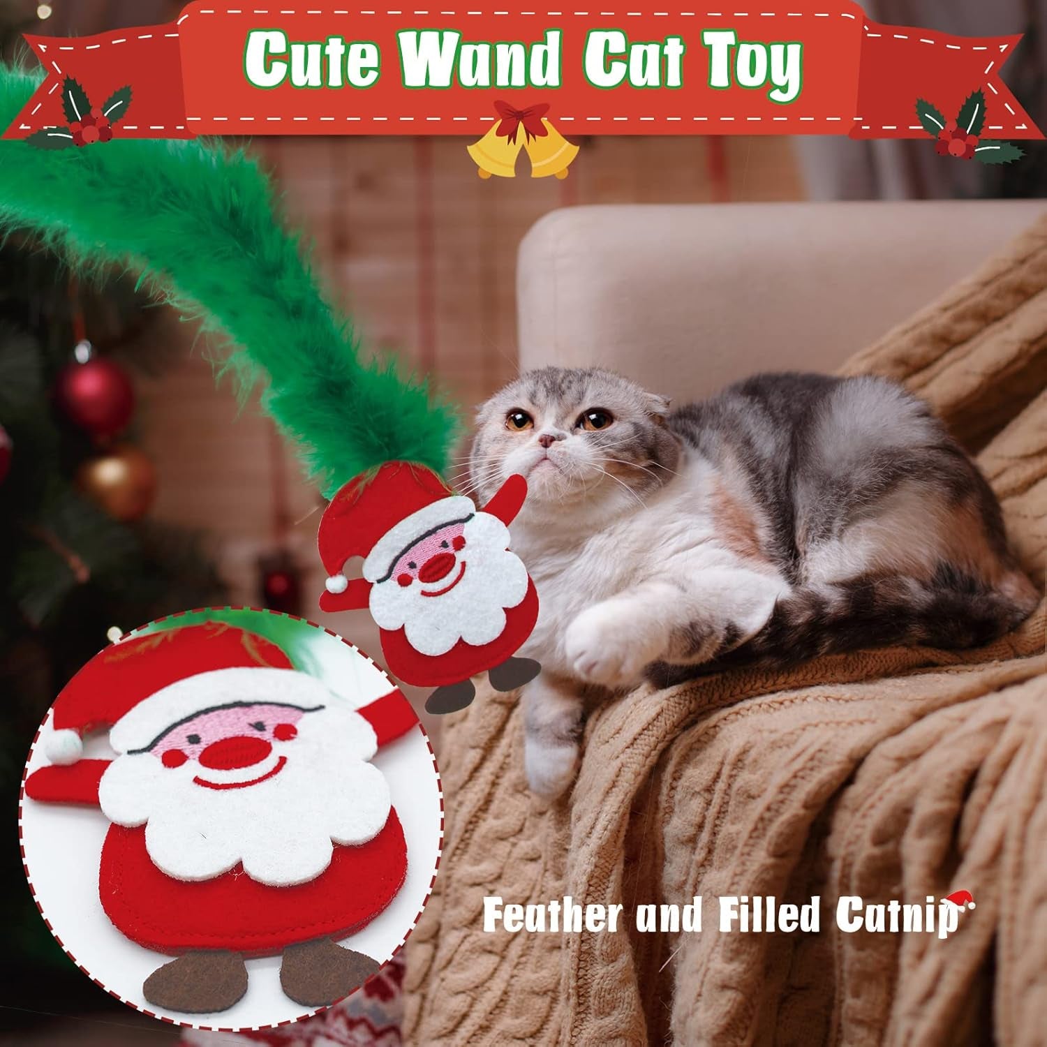 Cat Christmas Stocking, 10 Pack for Cats, Cat Christmas Toys with Cat Wand Toy, Catnip Toys, Crinkle Balls and Mice for Cat & Kitten