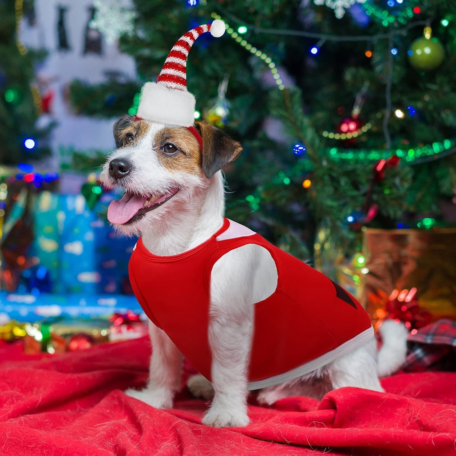 2 Pack Christmas Sleeveless Dog Shirts with Christmas Dog Headbands Pet Clothes Elf and Santa Costume Set for Christmas Holiday Dog Cat Cosplay Apparel (Large)