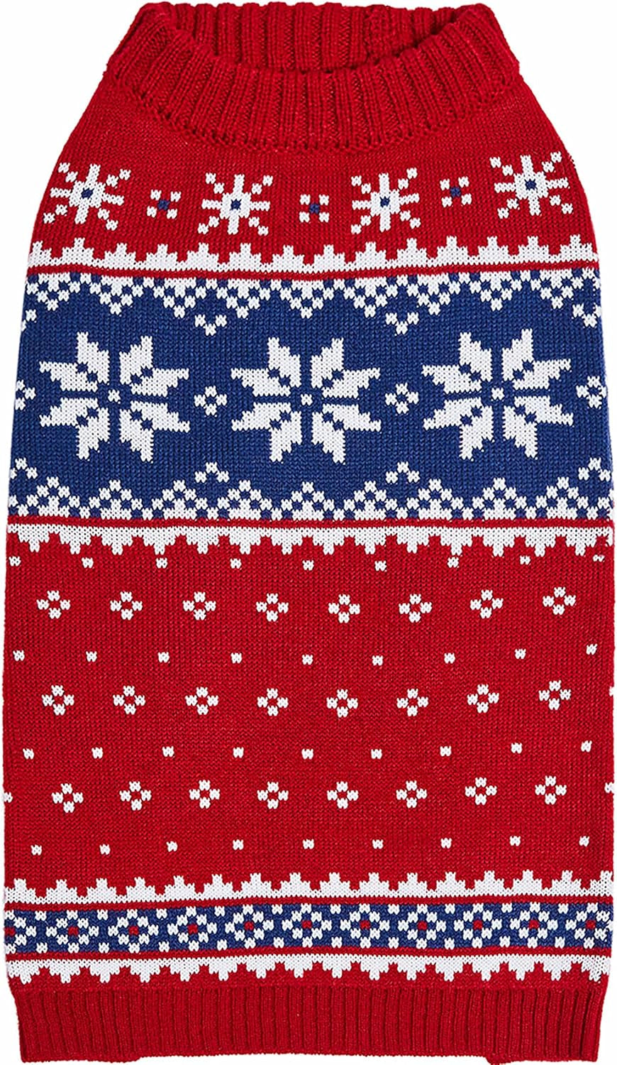 Christmas Snowflake Dog Sweater in Festive Red, Back Length 14", Pack of 1 Clothes for Dogs