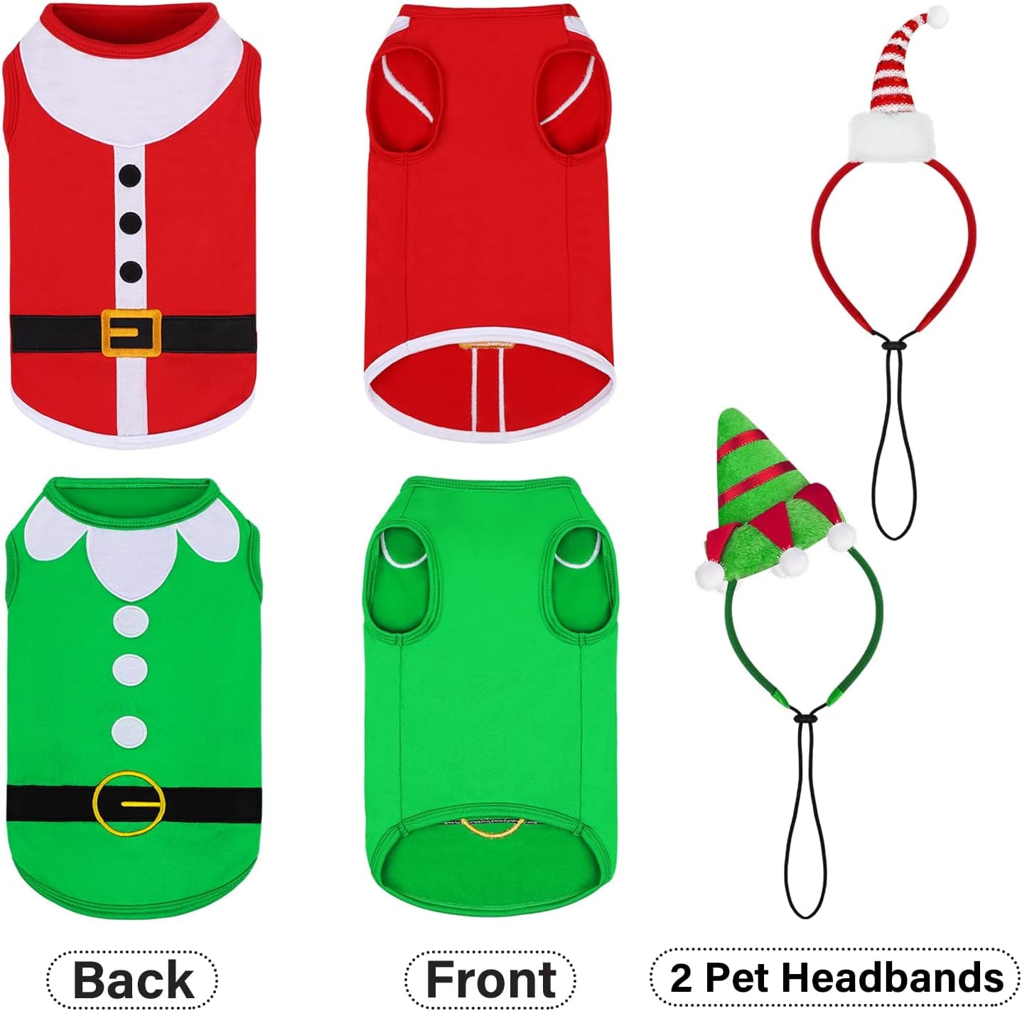 2 Pack Christmas Sleeveless Dog Shirts with Christmas Dog Headbands Pet Clothes Elf and Santa Costume Set for Christmas Holiday Dog Cat Cosplay Apparel (Large)