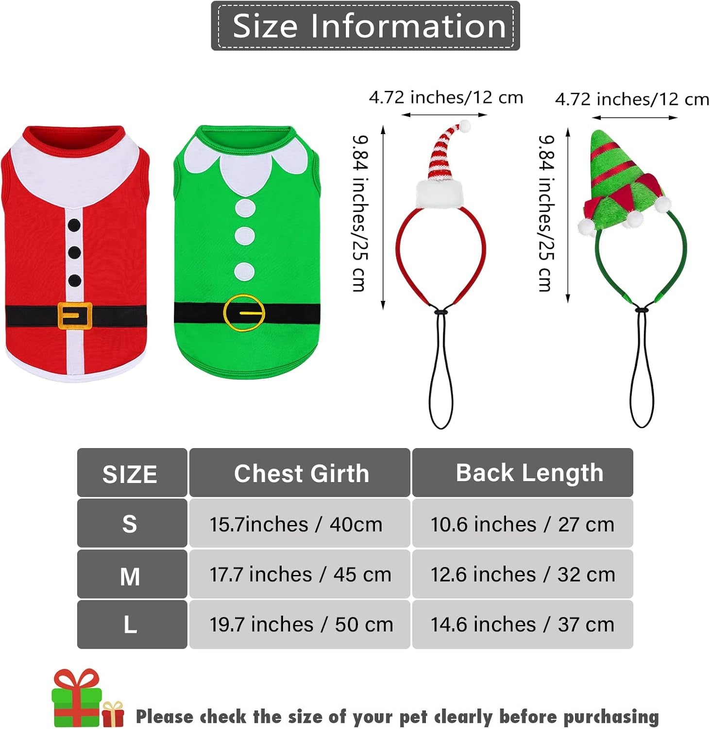 2 Pack Christmas Sleeveless Dog Shirts with Christmas Dog Headbands Pet Clothes Elf and Santa Costume Set for Christmas Holiday Dog Cat Cosplay Apparel (Large)