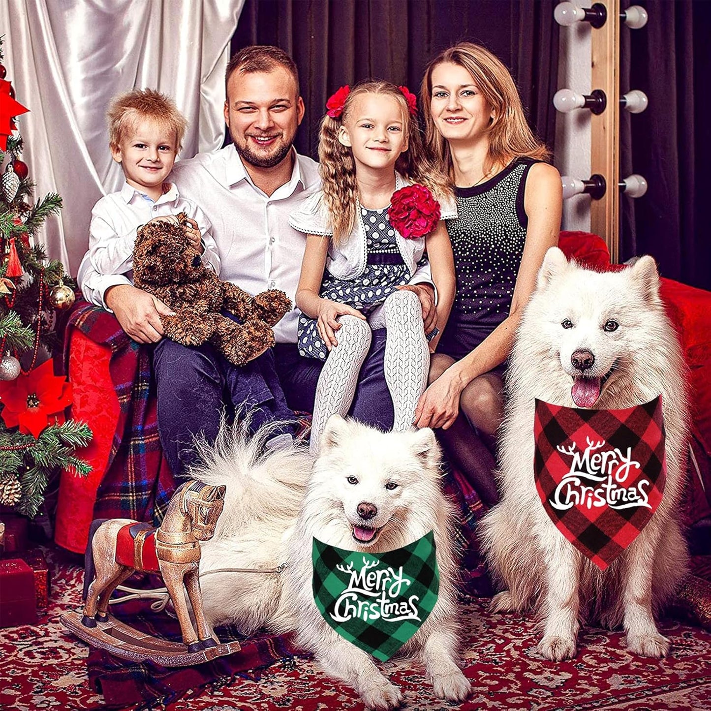 2 Pack Christmas Plaid Dog Bandanas, Merry Christmas Holiday Plaid Dog Bandanas for Large Medium Dog Christmas Costume Decorations (Red & Green, Merry Christmas)