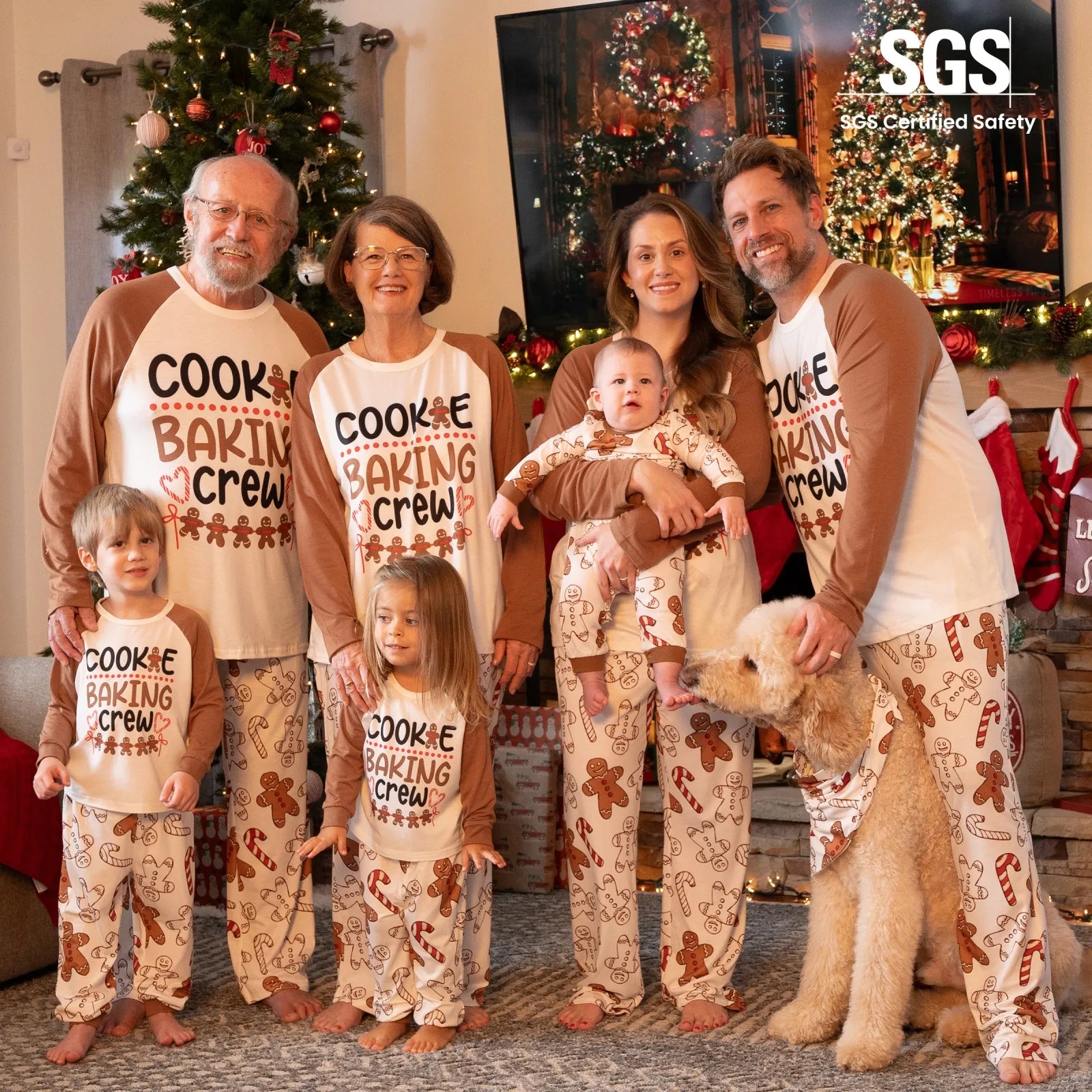 Christmas Pajamas Family Matching Women 2 Piece Pjs Sets Long Sleeve Cute Gingerbread Man Prints Top & Pants Sleepwear with Holiday Socks, Khaki, XXL