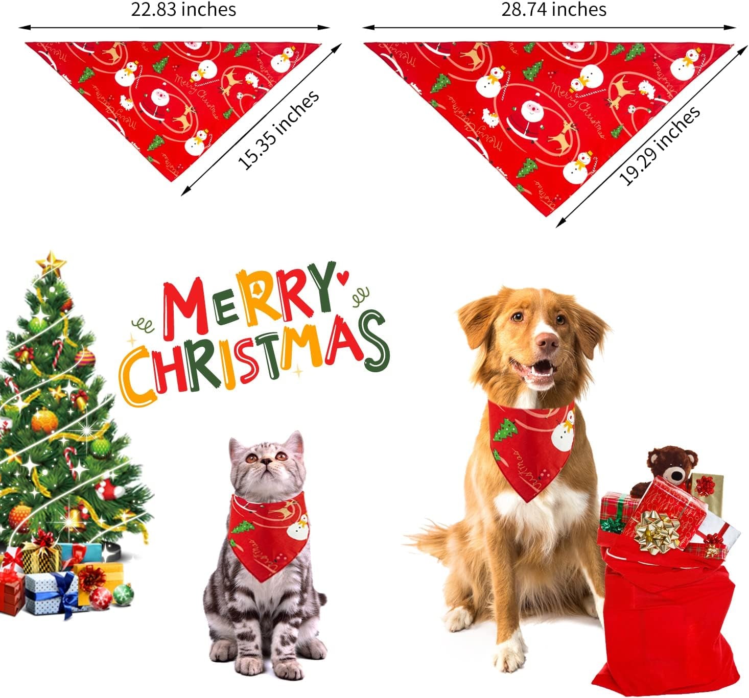 Merry Christmas Dog Bandana Pet Triangle Scarf- 2 Pack Dog Holiday Bandanas Bib Cat Bandana Christmas - Seasonal Dog Bandana Cotton Neckerchief, Ideal Gift for Pet Cat Kitten Dog Puppy Doggy