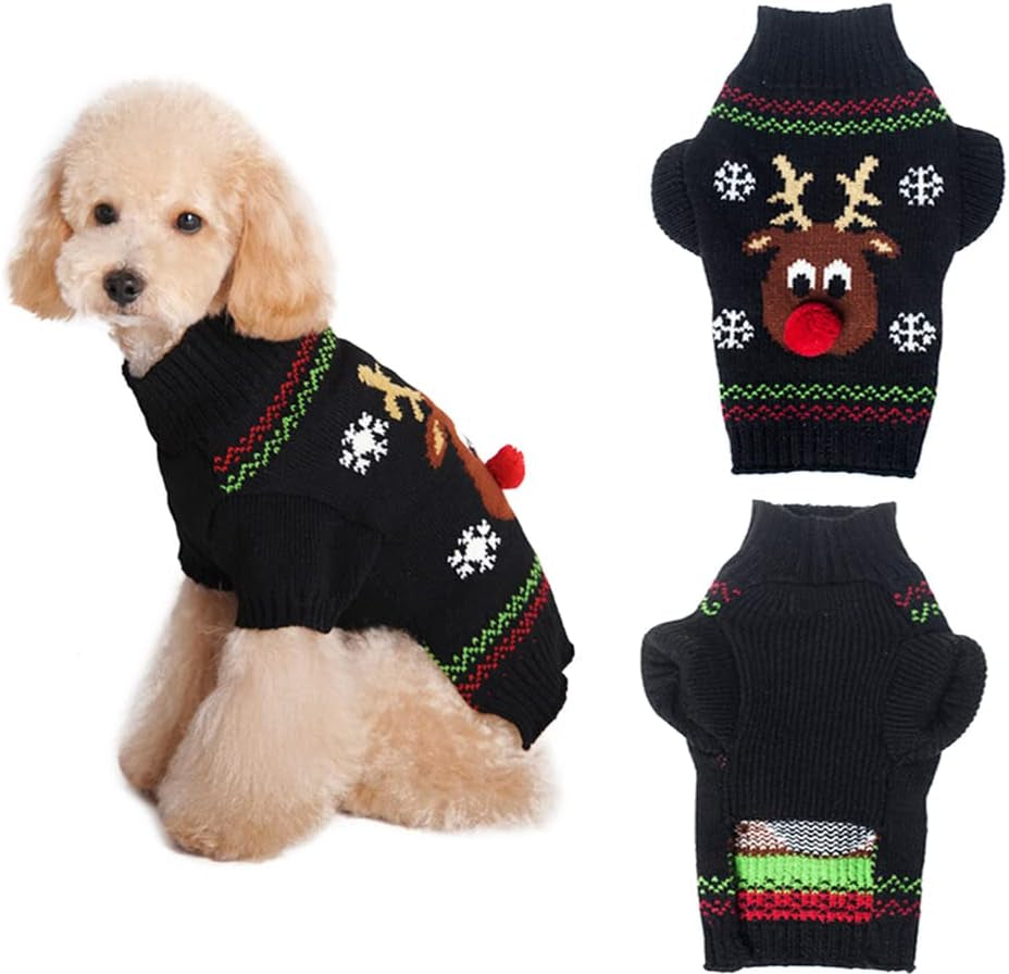 Pet Holiday Festive Deer Reindeer Cat Sweater Dog Sweater Winter Clothing Teddy Poodle Autumn Winter Clothes Pet Clothes Dog Clothes (Red Nose, X-Small)