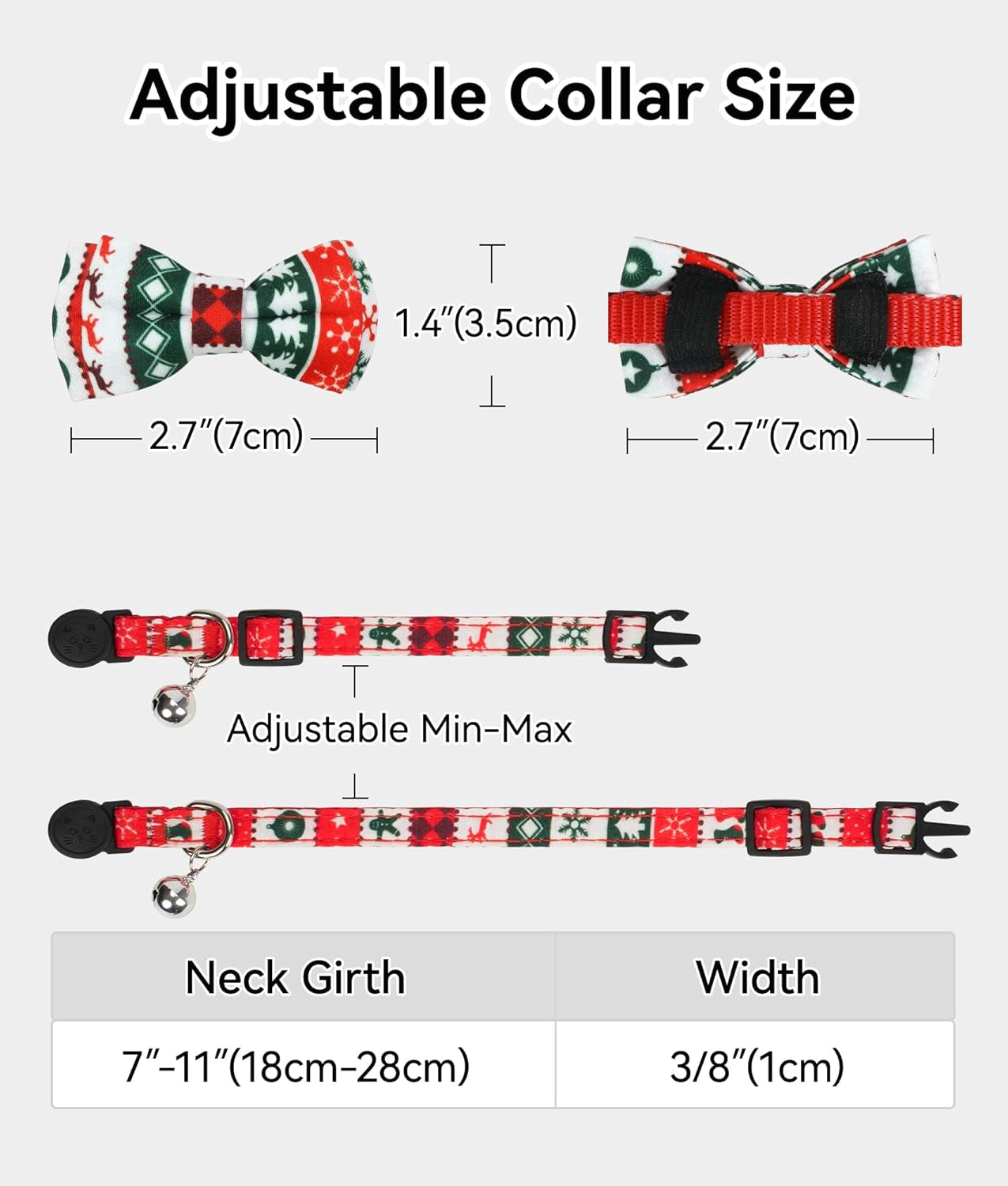 Upgraded Christmas Cat Collar with Bells, Breakaway Cat Collars with Bow Tie, 1 Pack Girl Boy Safety Plaid Kitten Collars, Christmas