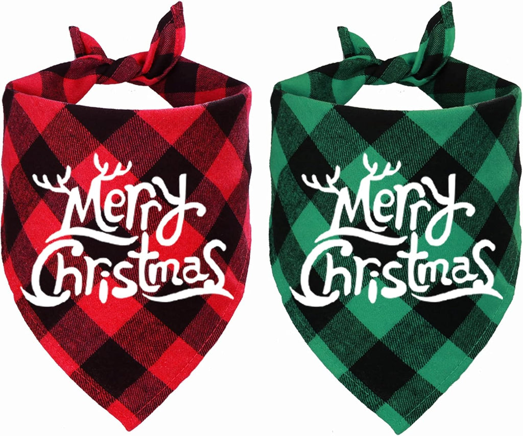 2 Pack Christmas Plaid Dog Bandanas, Merry Christmas Holiday Plaid Dog Bandanas for Large Medium Dog Christmas Costume Decorations (Red & Green, Merry Christmas)