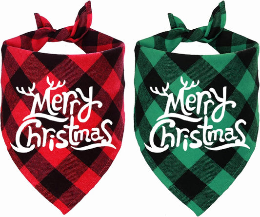 2 Pack Christmas Plaid Dog Bandanas, Merry Christmas Holiday Plaid Dog Bandanas for Large Medium Dog Christmas Costume Decorations (Red & Green, Merry Christmas)