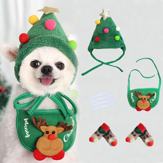 Pet Christmas Costume Outfit Set, 6Pcs Dog Xmas Hat Bandana Socks Set,Pet Christmas Hat Saliva Towel Bib Bow Tie Sock Set for Small Medium Dogs Cats Pets (Green, S: within 2-8Kg)
