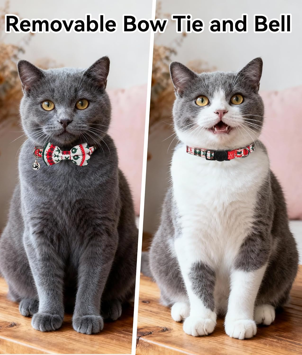 Upgraded Christmas Cat Collar with Bells, Breakaway Cat Collars with Bow Tie, 1 Pack Girl Boy Safety Plaid Kitten Collars, Christmas