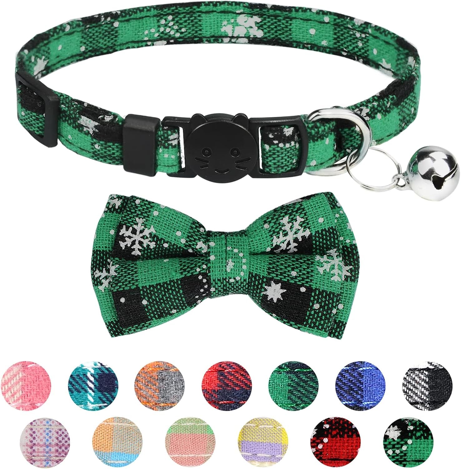 Christmas Plaid Pattern Cat Collars Breakaway with Removable Bell & Bowtie, Christmas Green