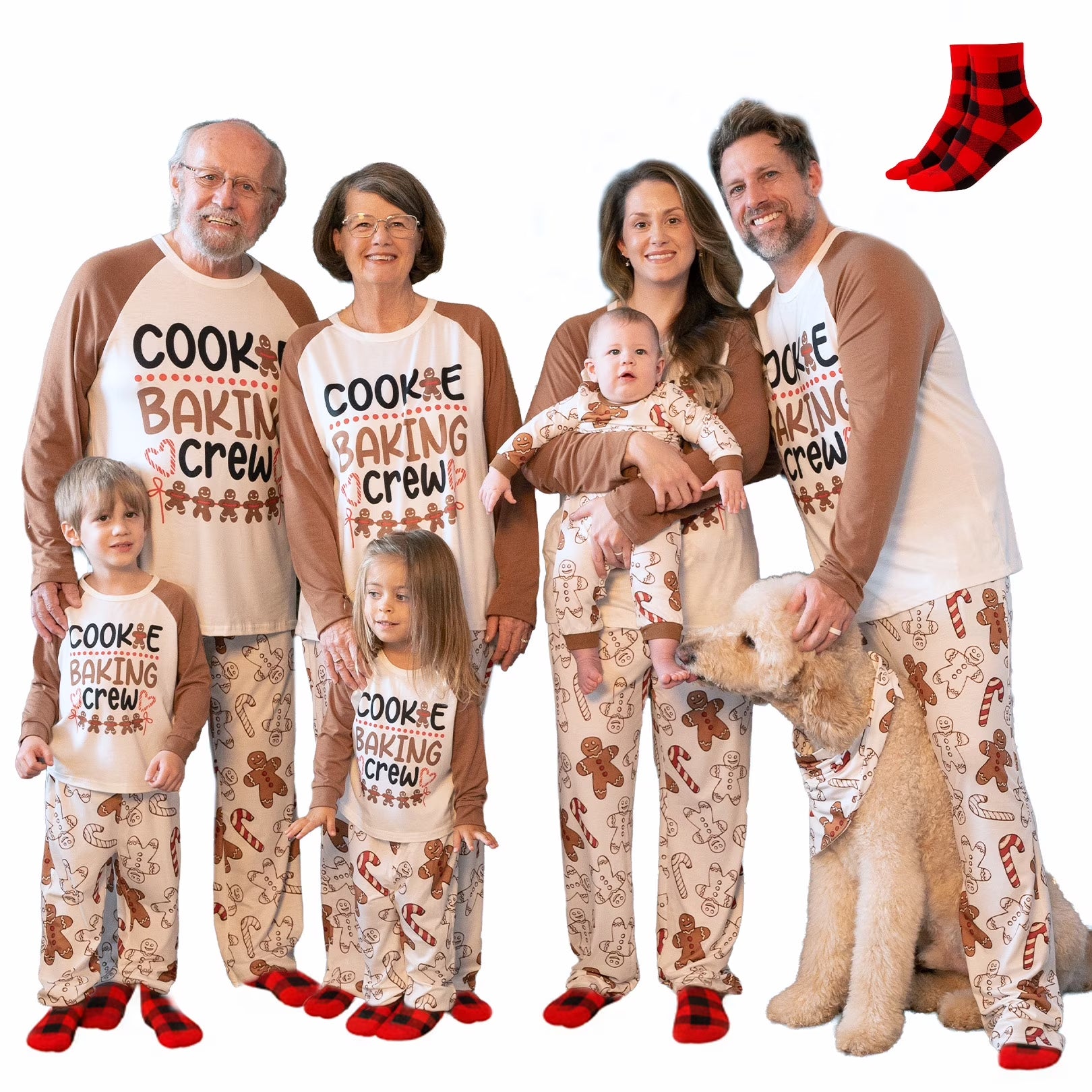 Christmas Pajamas Family Matching Women 2 Piece Pjs Sets Long Sleeve Cute Gingerbread Man Prints Top & Pants Sleepwear with Holiday Socks, Khaki, XXL